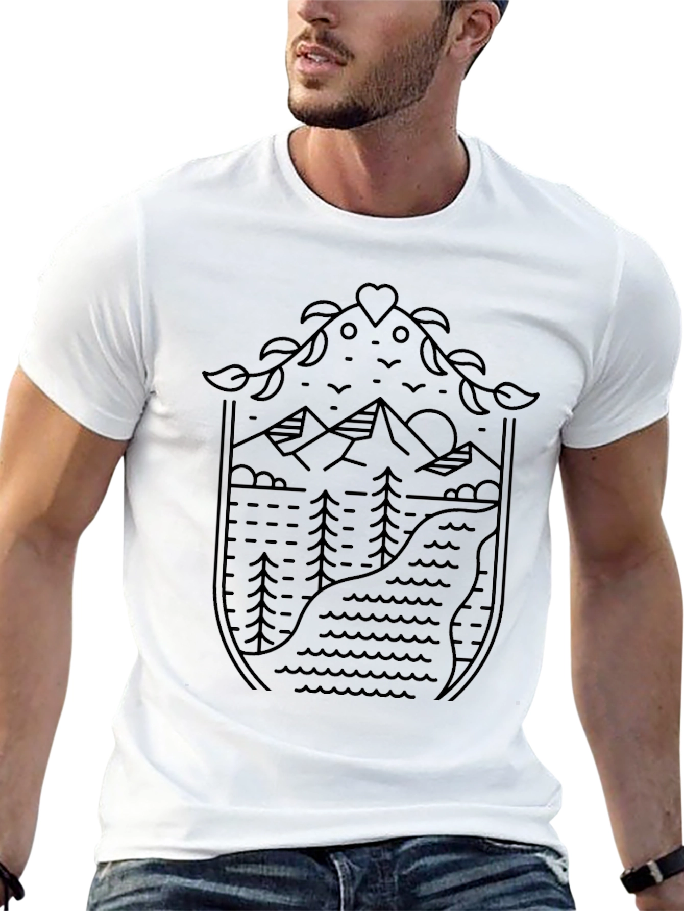 Nature Line Art Graphic Tee - Black