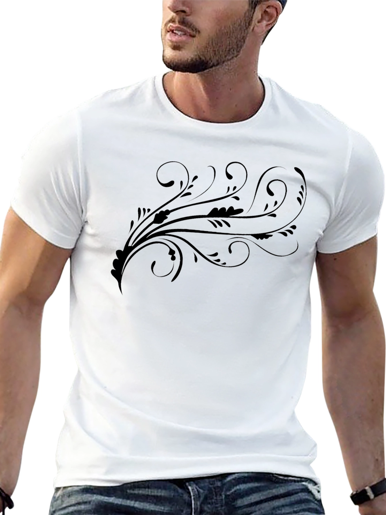 Black Tee with Artistic Floral Swirl Design