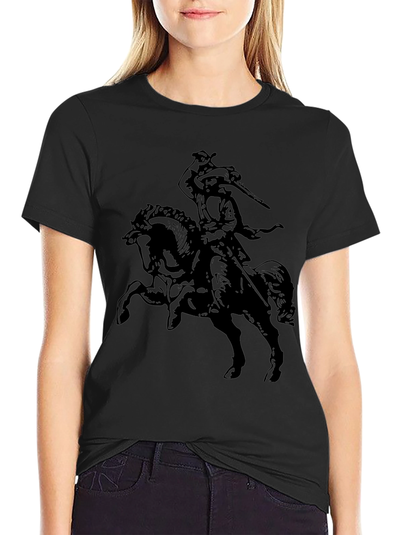 Black T-Shirt with Horse Rider Graphic