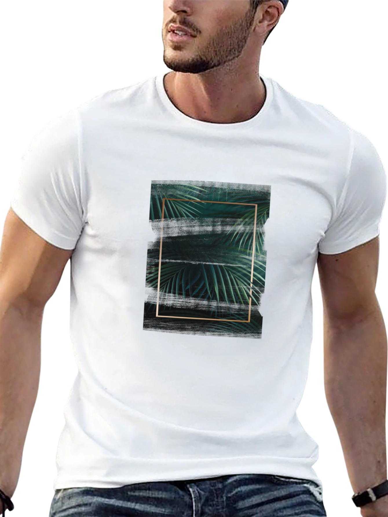 Stylish Black Tee with Tropical Leaf Graphic