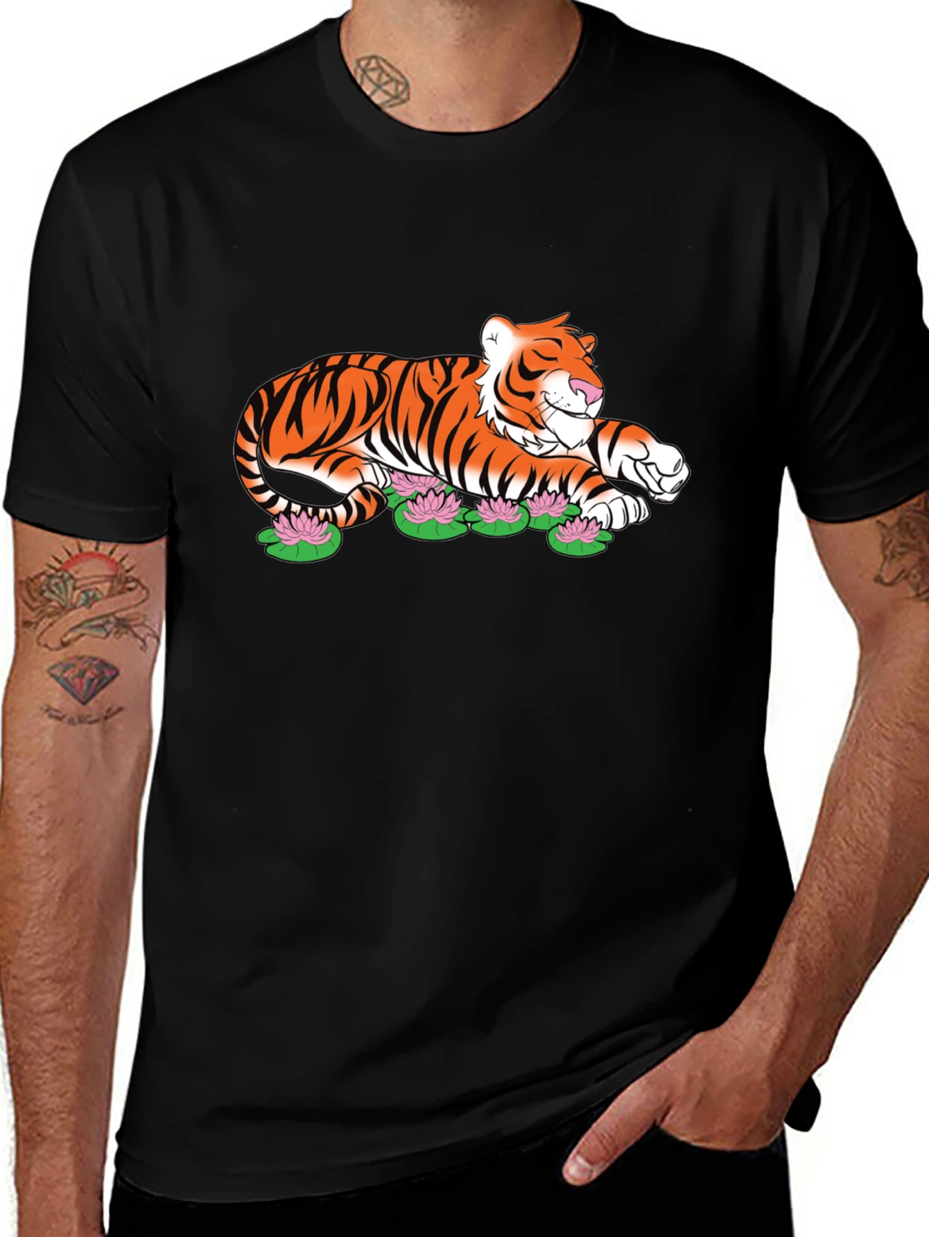 Tiger Lotus Graphic Black T-Shirt