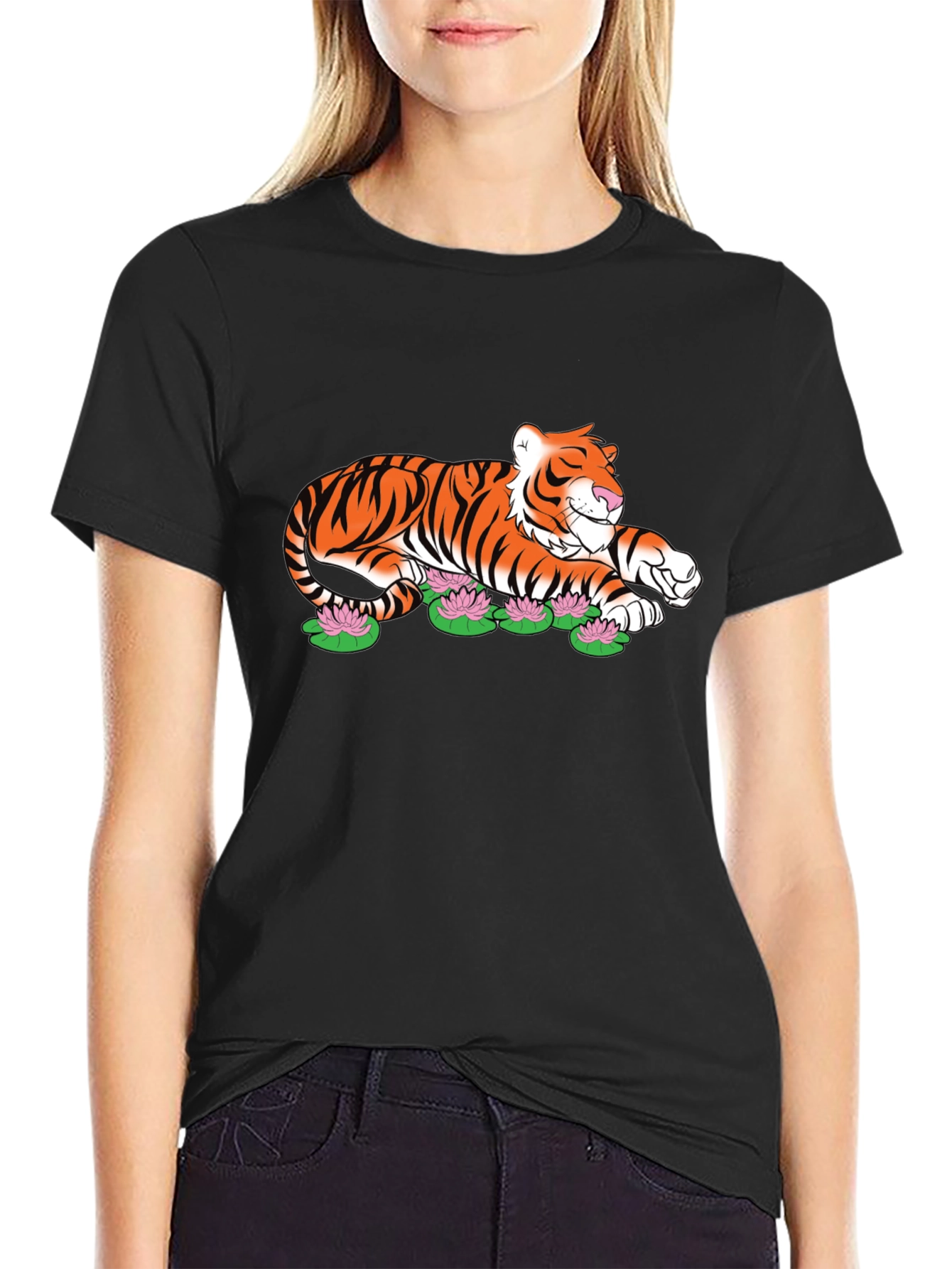 Tiger Lotus Graphic Black T-Shirt