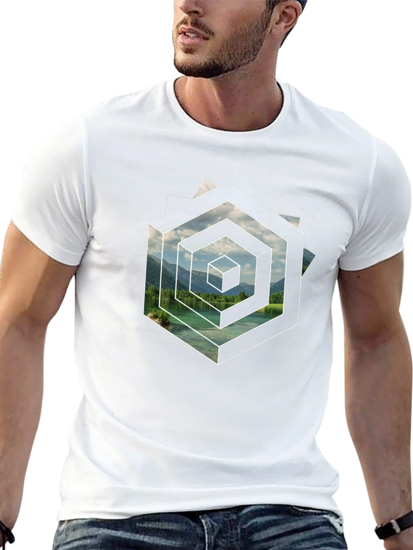 Optical Illusion Lake Graphic Black T-Shirt