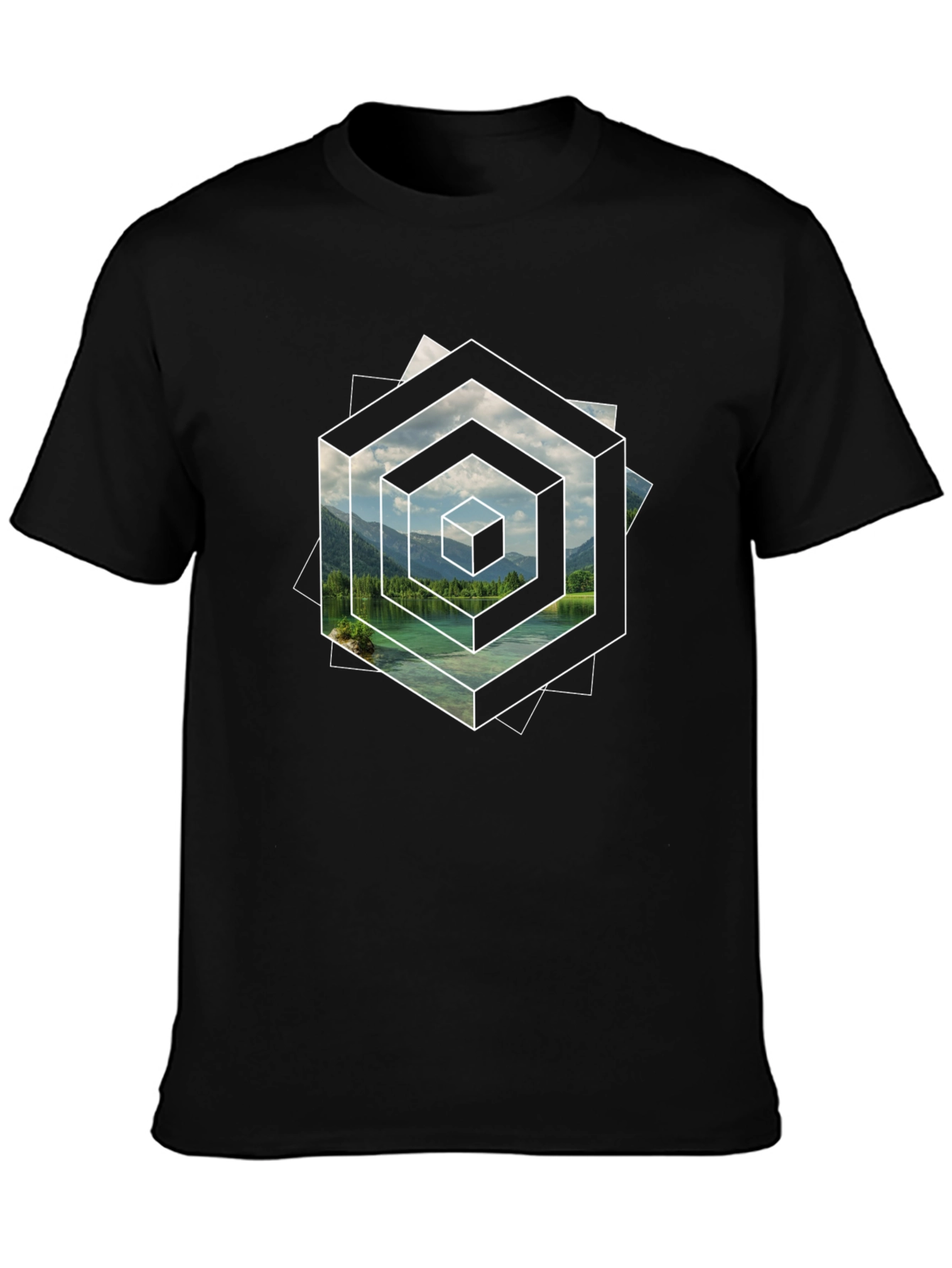 Optical Illusion Lake Graphic Black T-Shirt