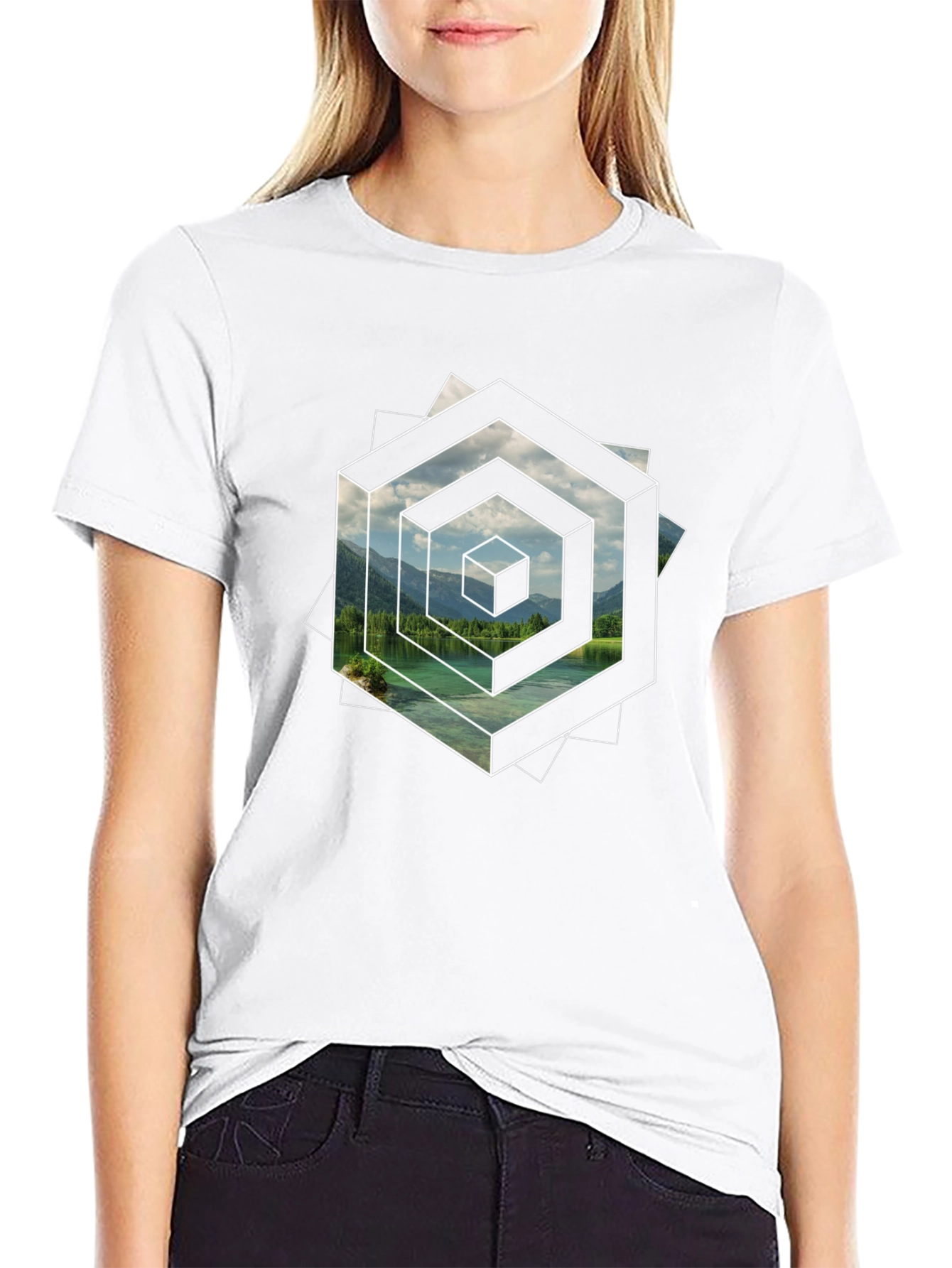 Optical Illusion Lake Graphic Black T-Shirt