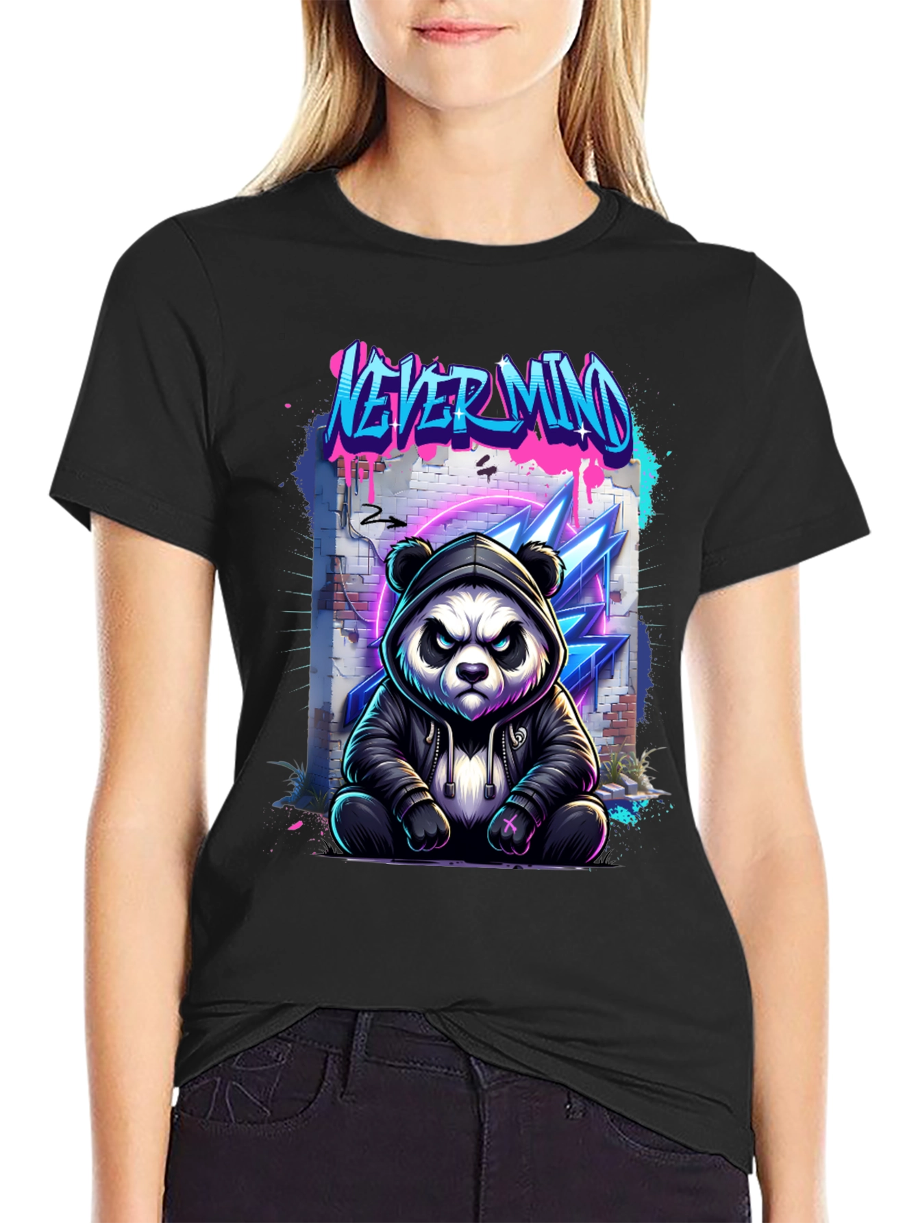 Never Mind Panda Graphic Black T-Shirt