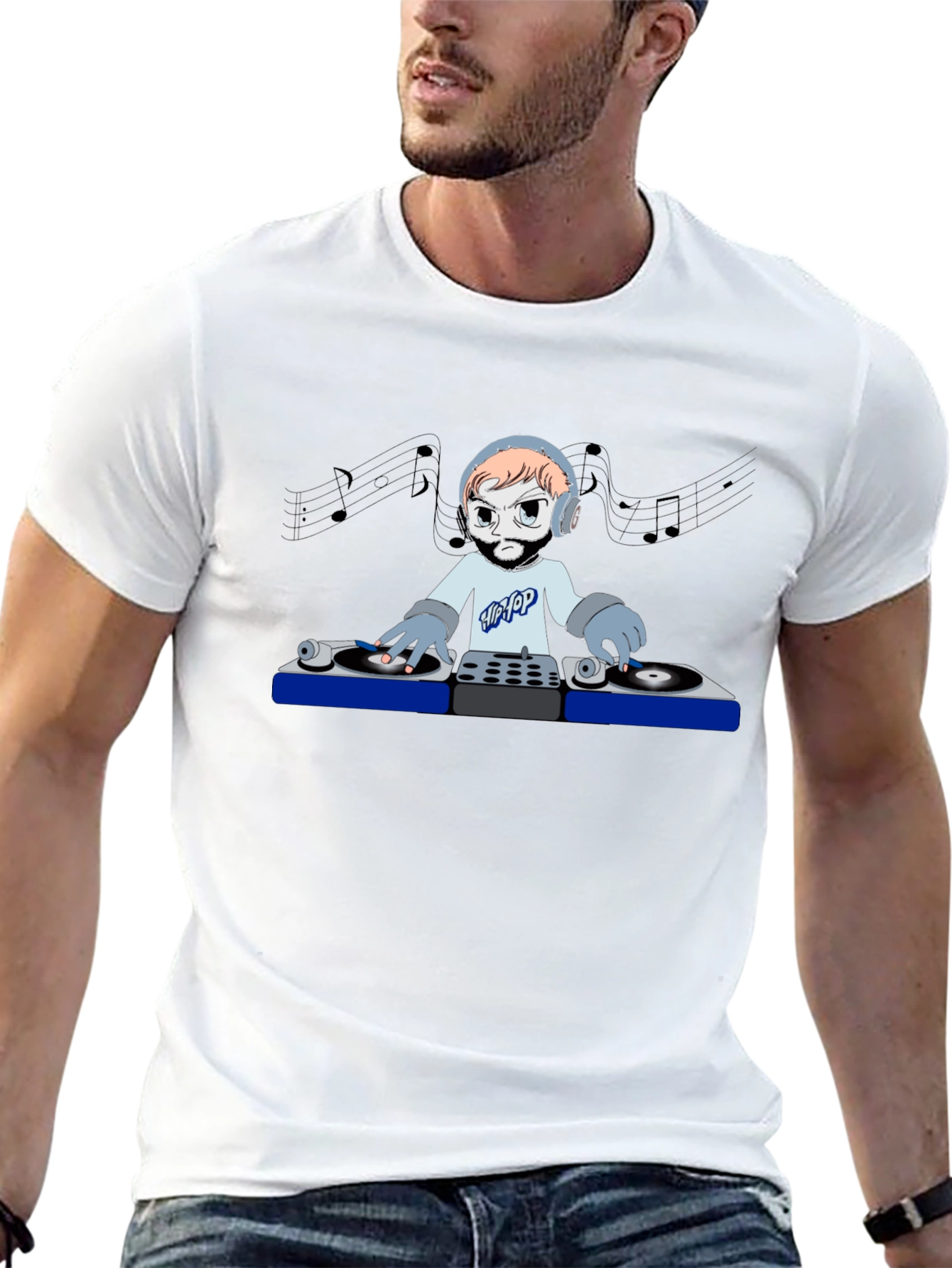 DJ Cartoon Graphic Tee - Black Crew Neck T-Shirt