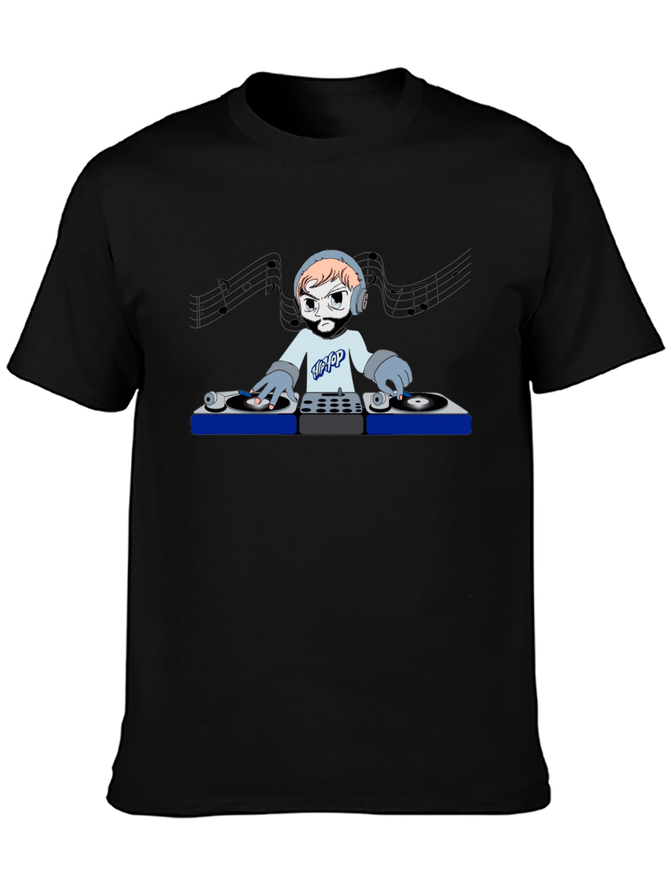 DJ Cartoon Graphic Tee - Black Crew Neck T-Shirt