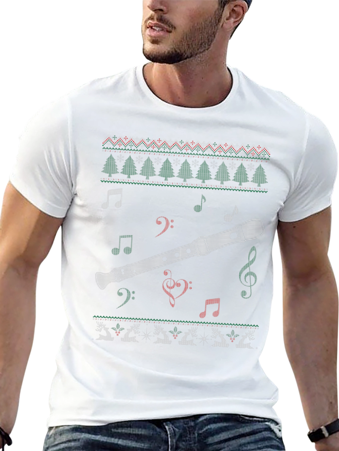 Christmas Flute Ugly Sweater Style T-Shirt