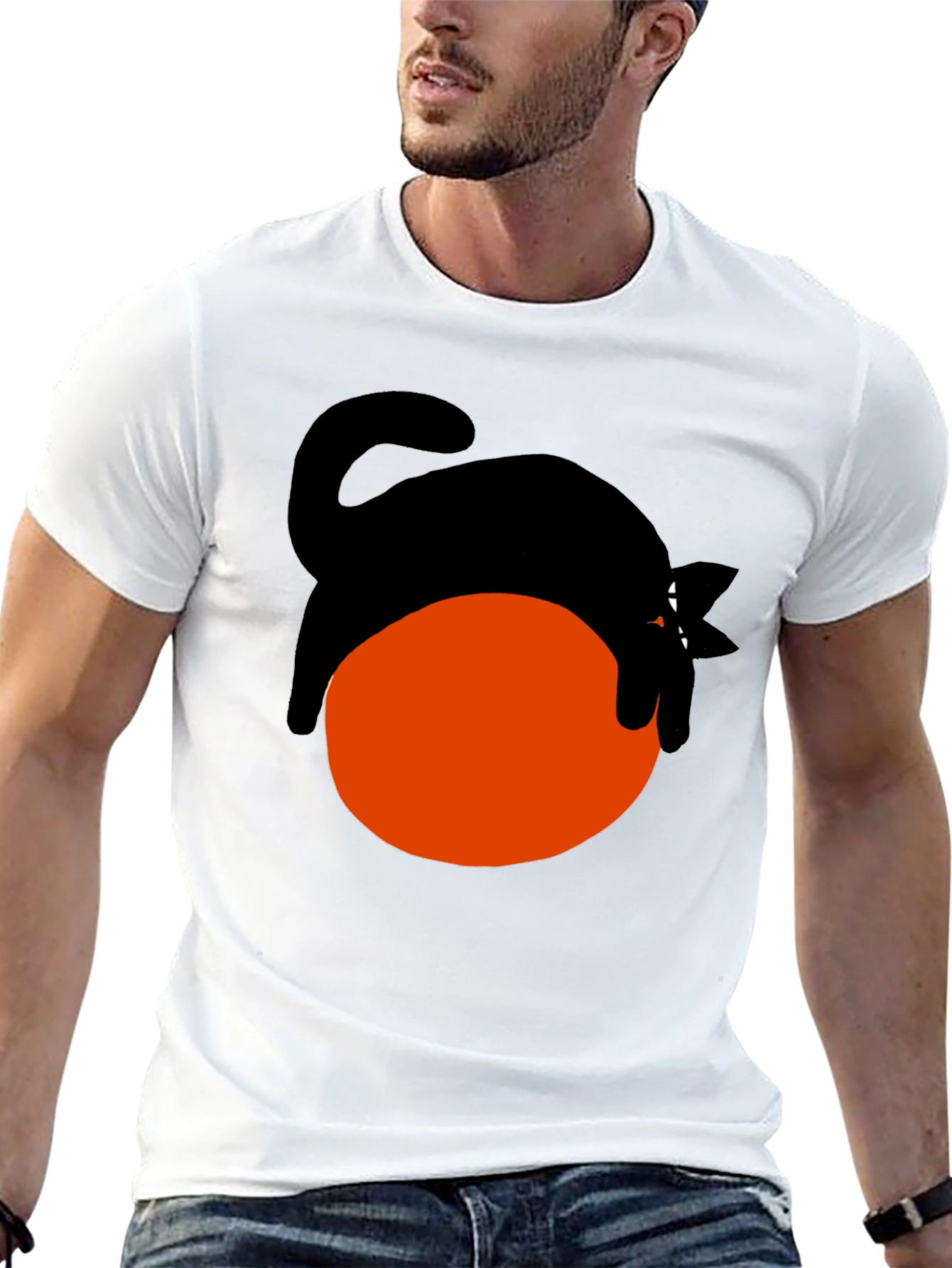 Black Cat on Orange Ball Graphic T-Shirt