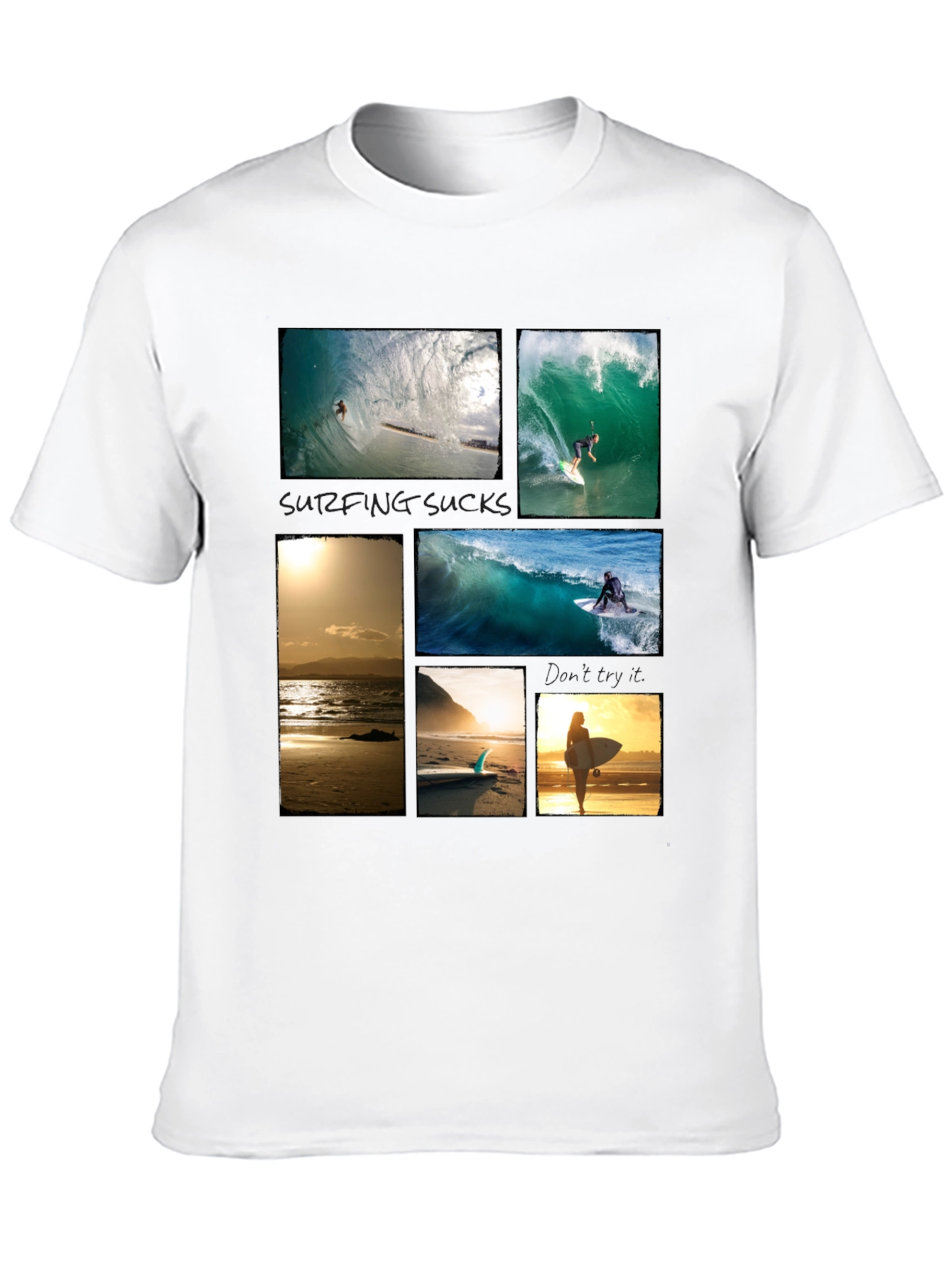Surfing Collage Graphic Tee - Black Cotton T-Shirt
