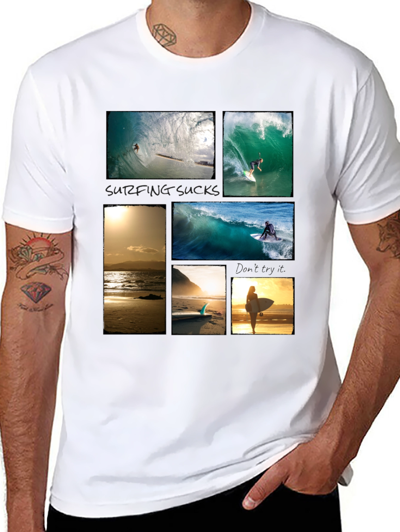 Surfing Collage Graphic Tee - Black Cotton T-Shirt