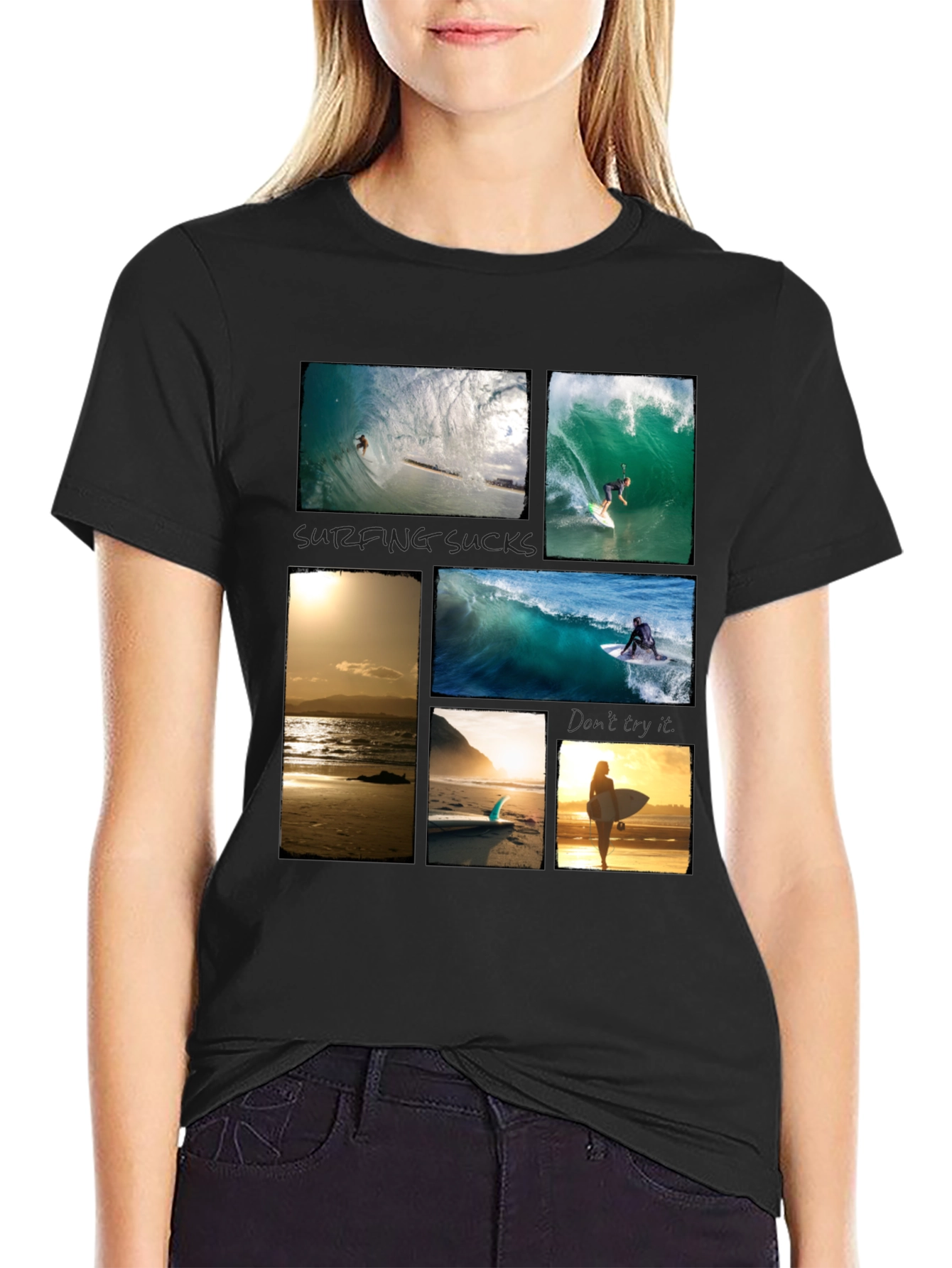Surfing Collage Graphic Tee - Black Cotton T-Shirt