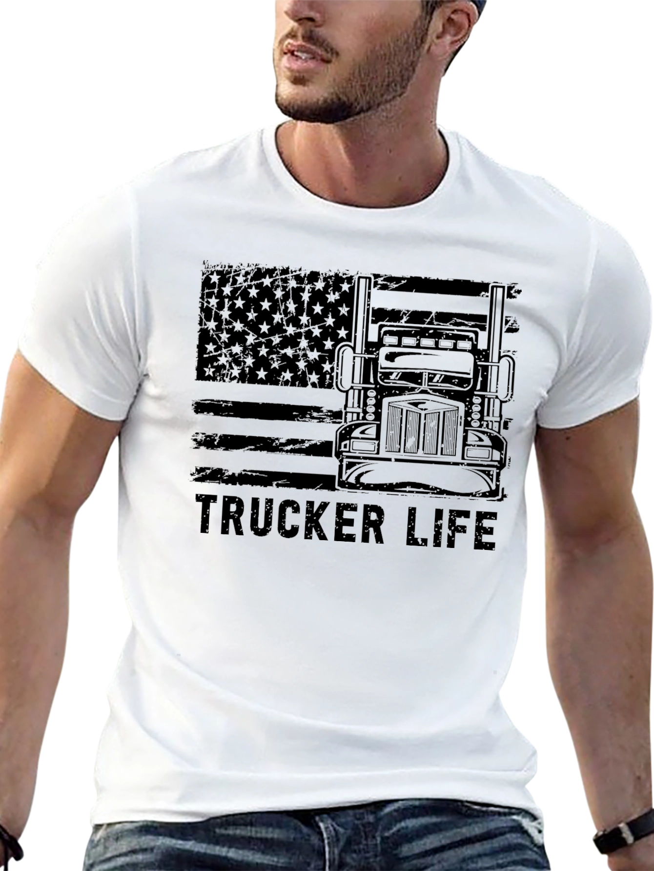 Trucker Life American Flag Black T-Shirt
