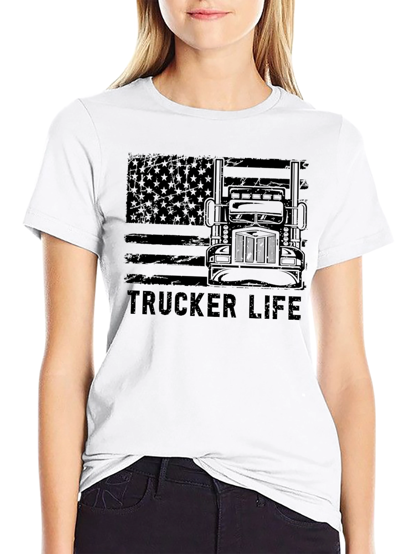 Trucker Life American Flag Black T-Shirt