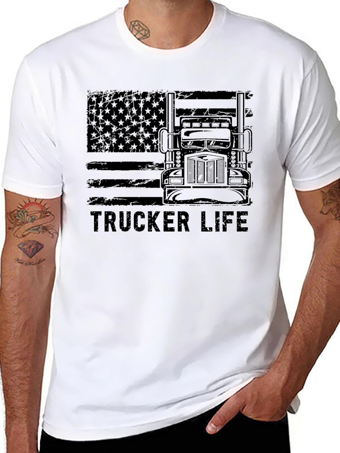 Trucker Life American Flag Black T-Shirt