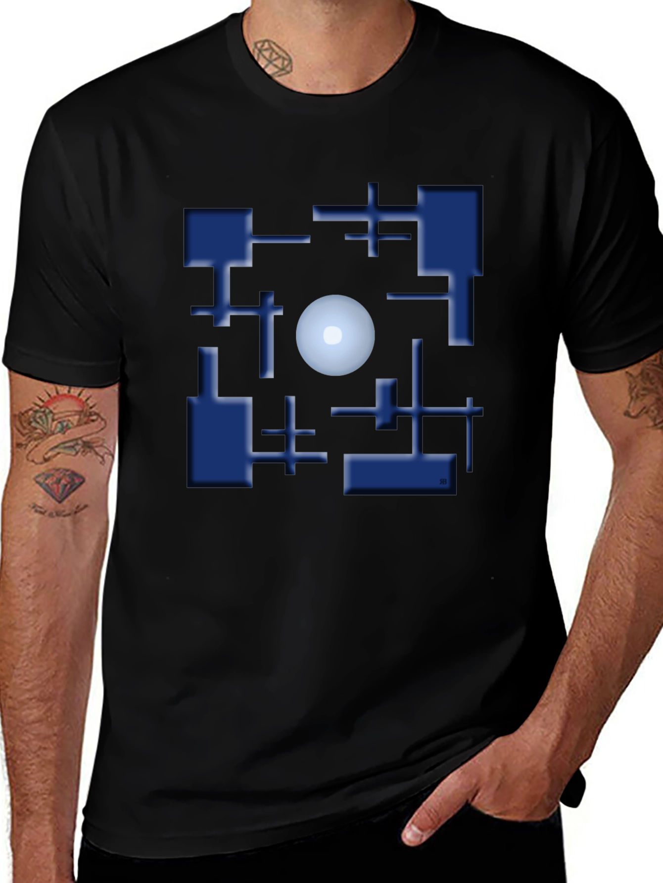 Geometric Blue Cube and Sphere Graphic T-Shirt