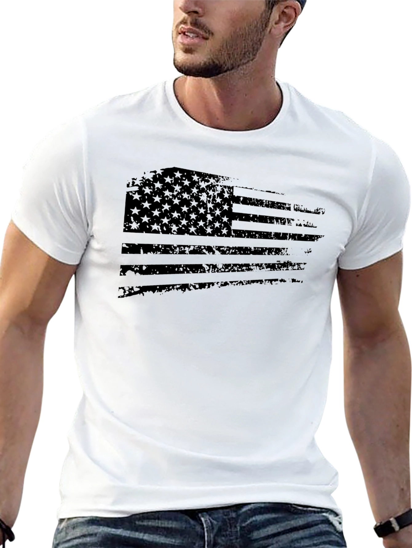Distressed US Flag Graphic T-Shirt - Black