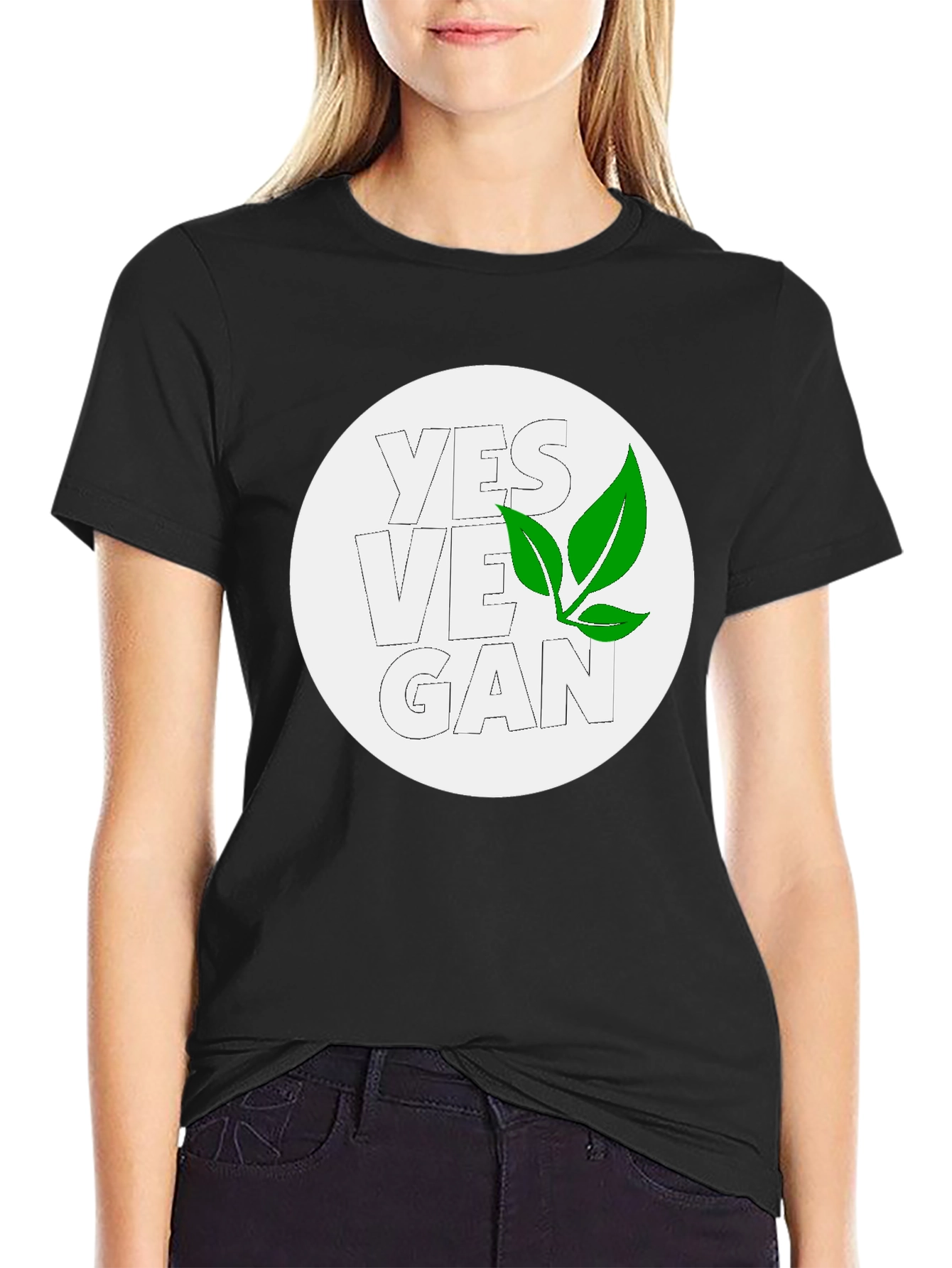 Yes Vegan Black Graphic Tee - Leaf Design