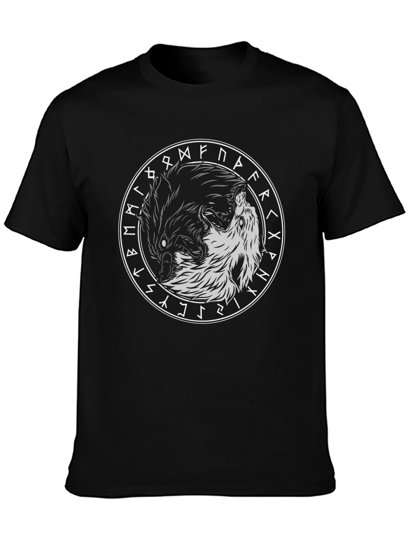 Yin Yang Wolves Circle Rune Black T-Shirt