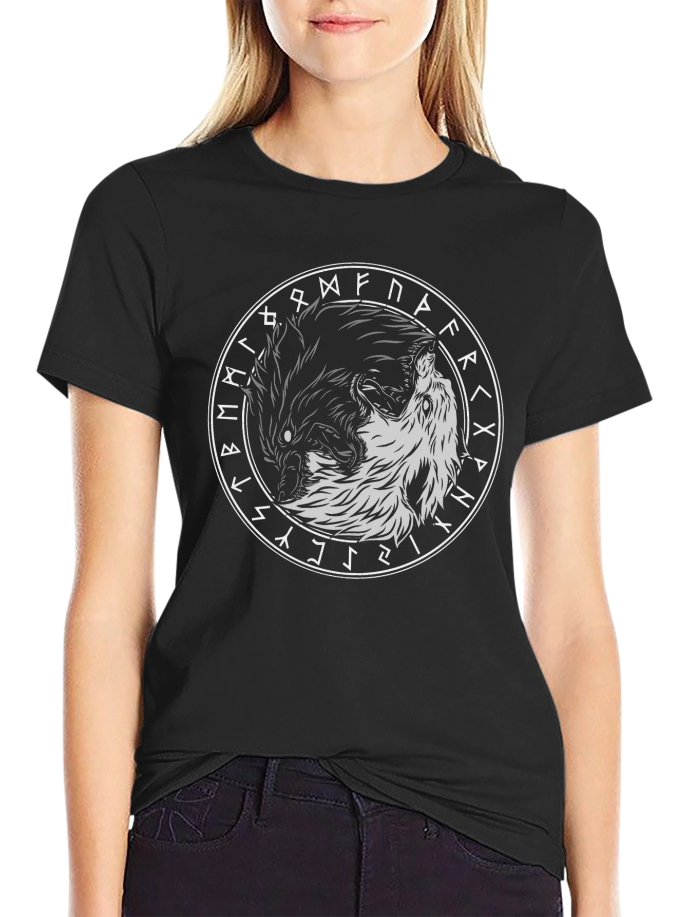 Yin Yang Wolves Circle Rune Black T-Shirt