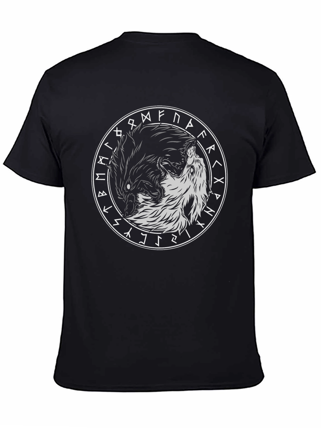Yin Yang Wolves Circle Rune Black T-Shirt