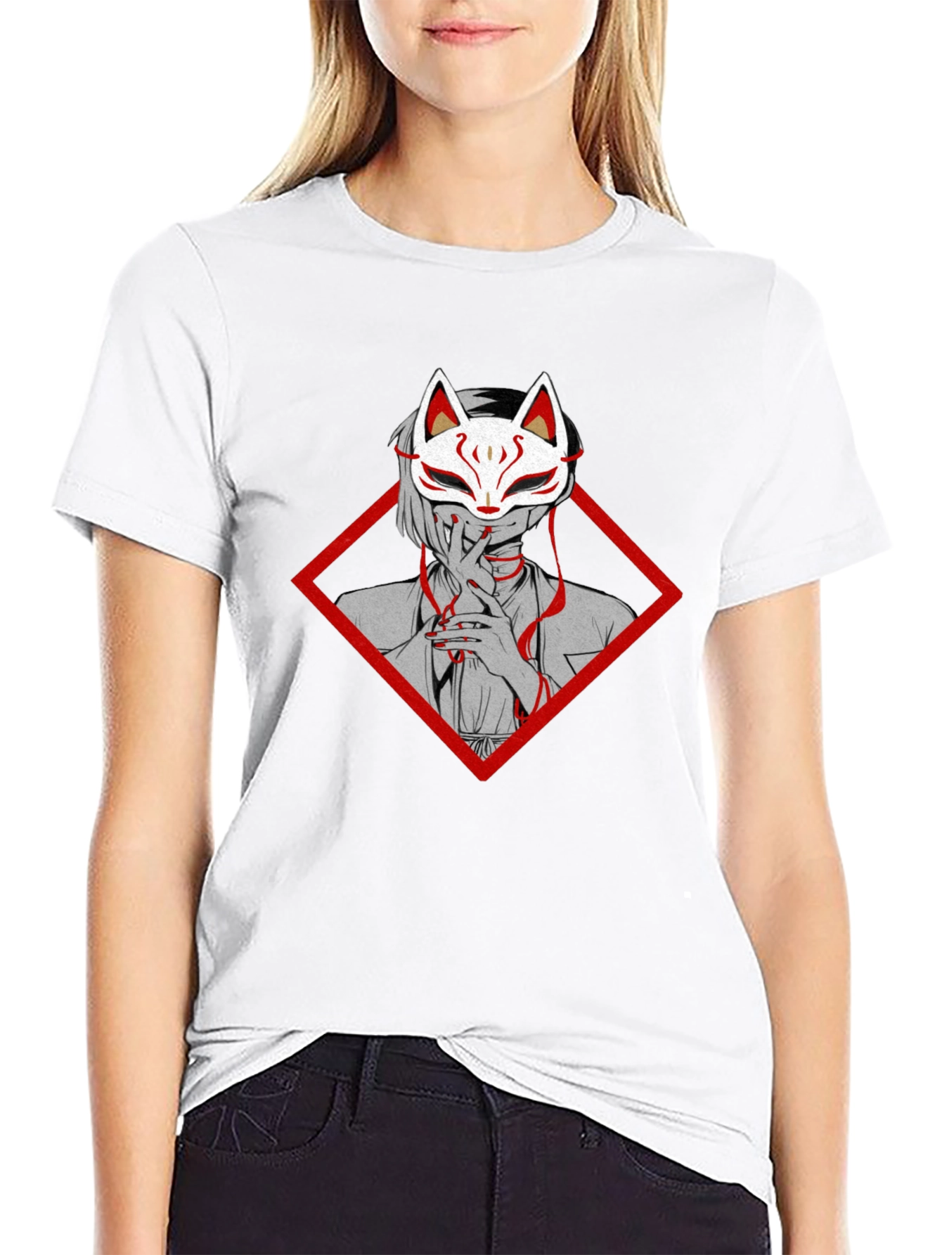 Anime Fox Mask Graphic Tee - Black Cotton T-Shirt
