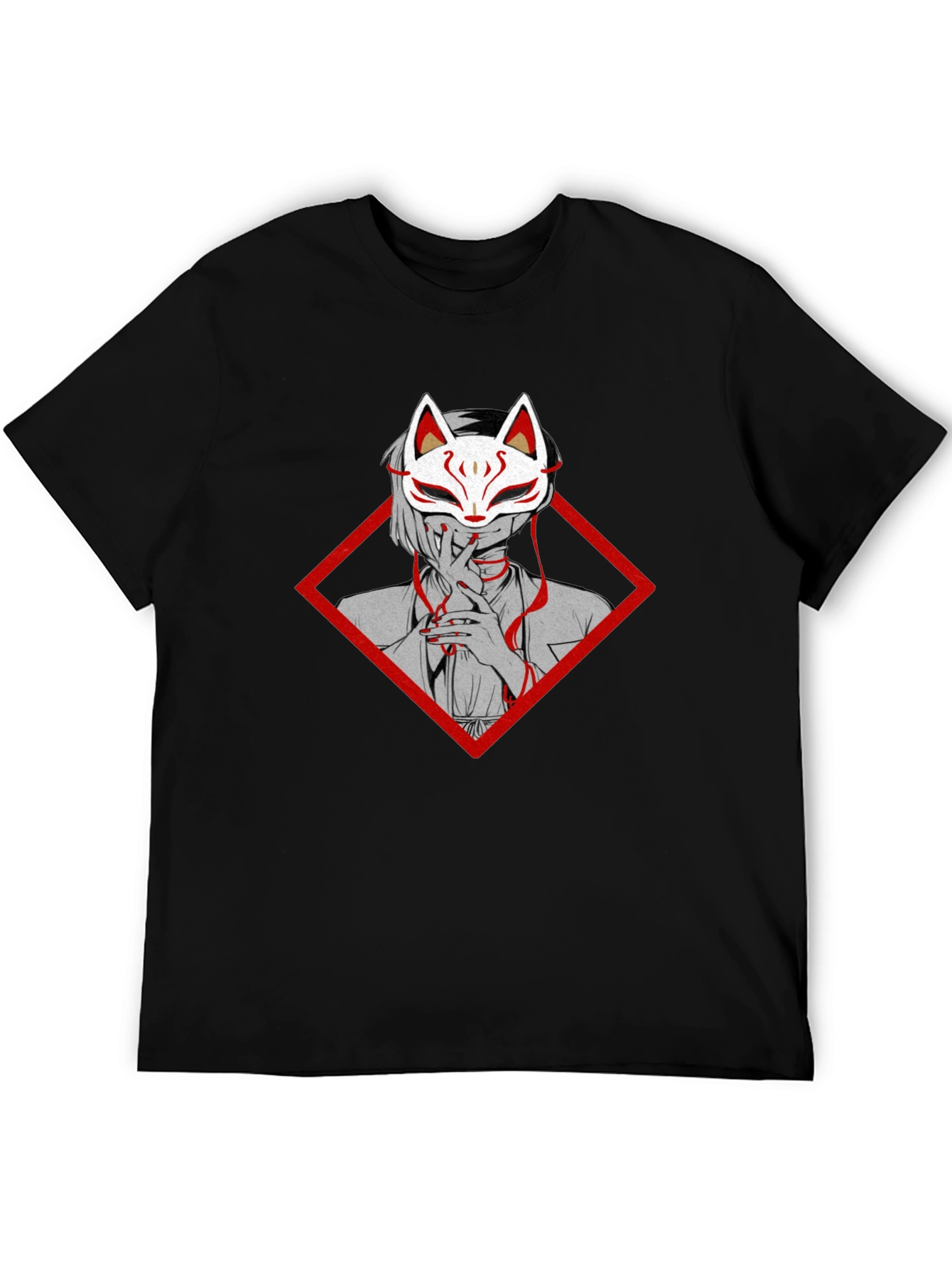 Anime Fox Mask Graphic Tee - Black Cotton T-Shirt