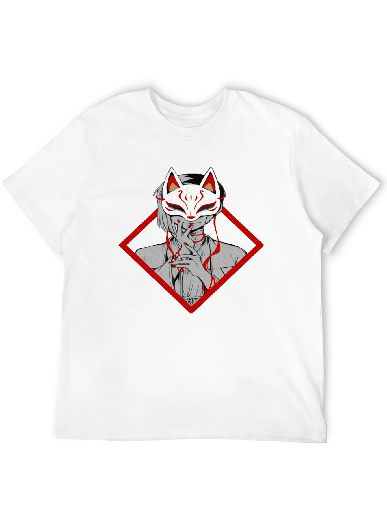 Anime Fox Mask Graphic Tee - Black Cotton T-Shirt