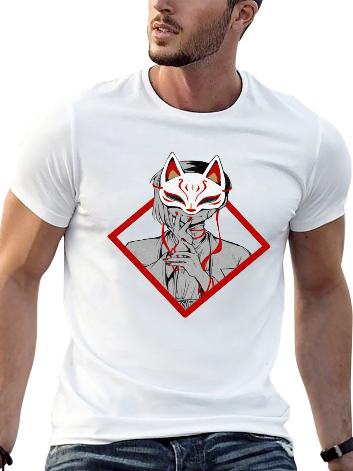 Anime Fox Mask Graphic Tee - Black Cotton T-Shirt