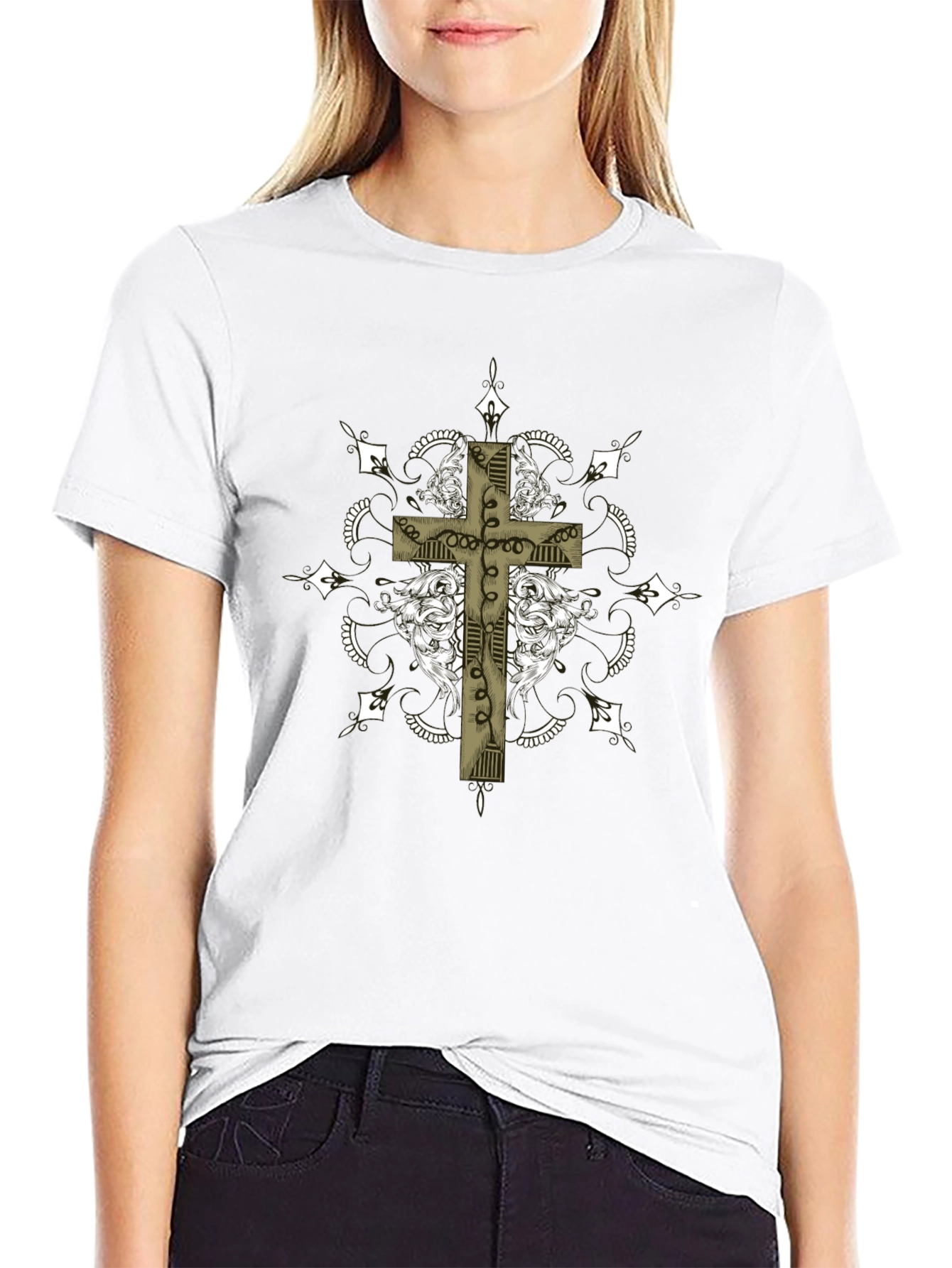 Gothic Cross Graphic Tee - Black Crew Neck