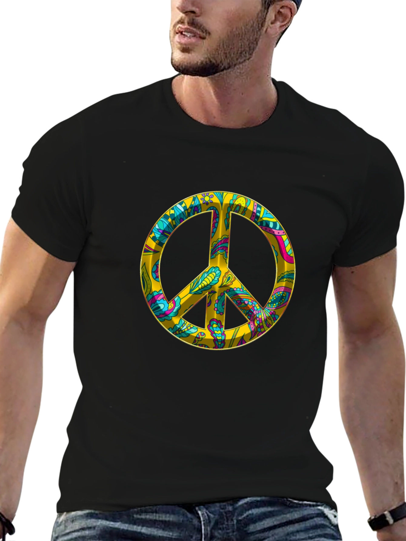 Peace Sign Graphic Tee - Black Cotton Blend T-Shirt