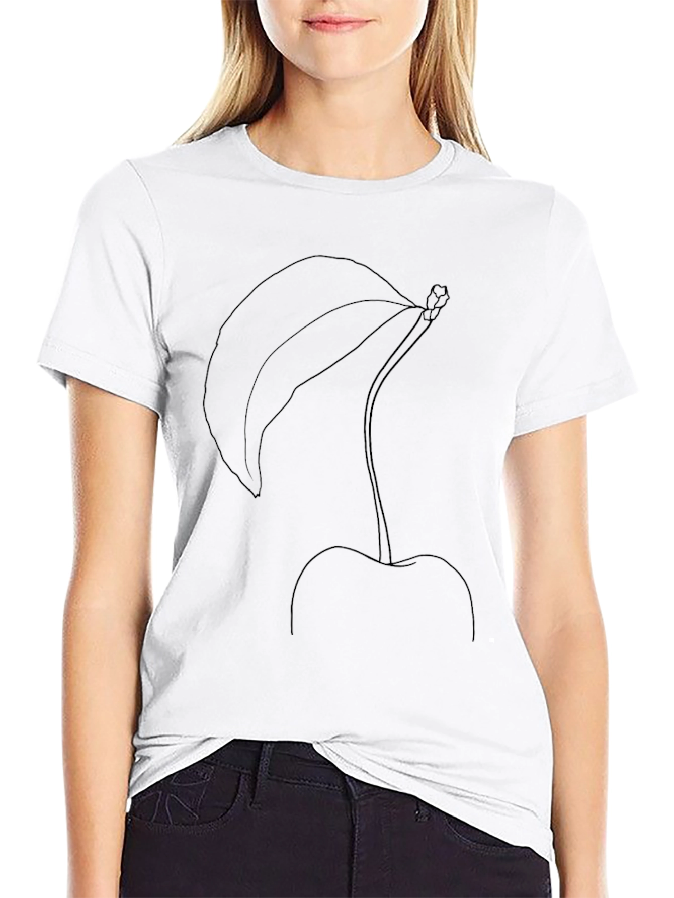Minimalist Cherry Line Art Black T-Shirt