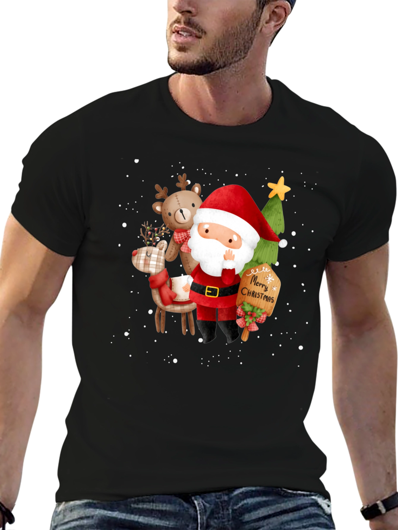 Festive Christmas Graphic Tee - Santa & Reindeer Design