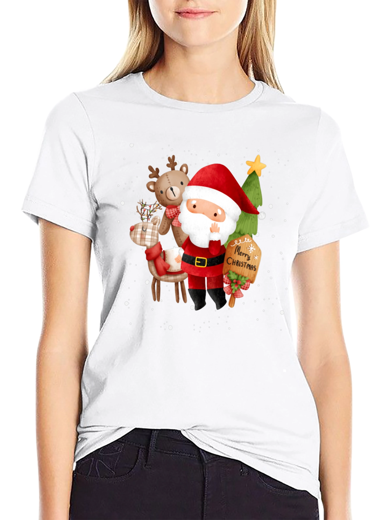 Festive Christmas Graphic Tee - Santa & Reindeer Design