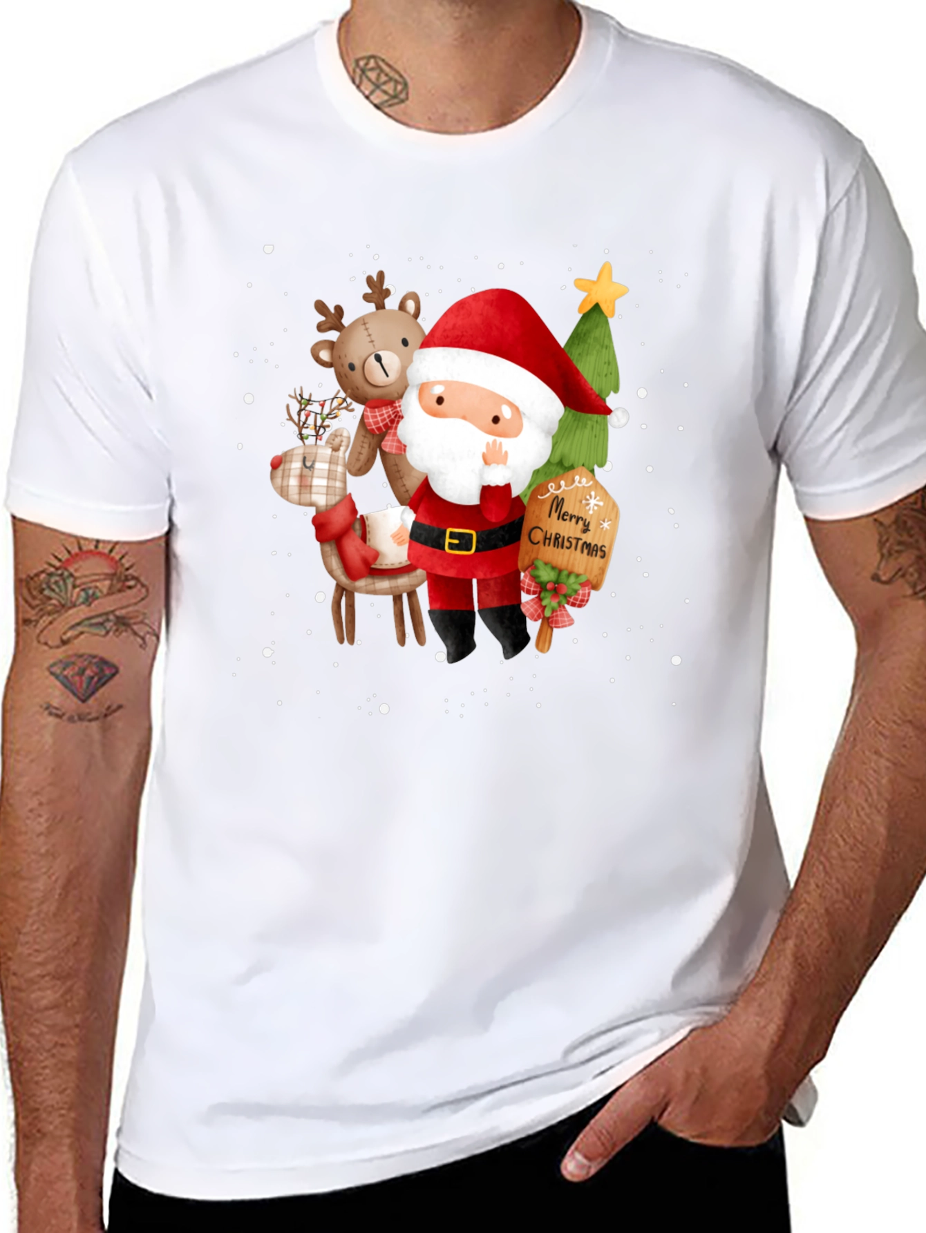 Festive Christmas Graphic Tee - Santa & Reindeer Design