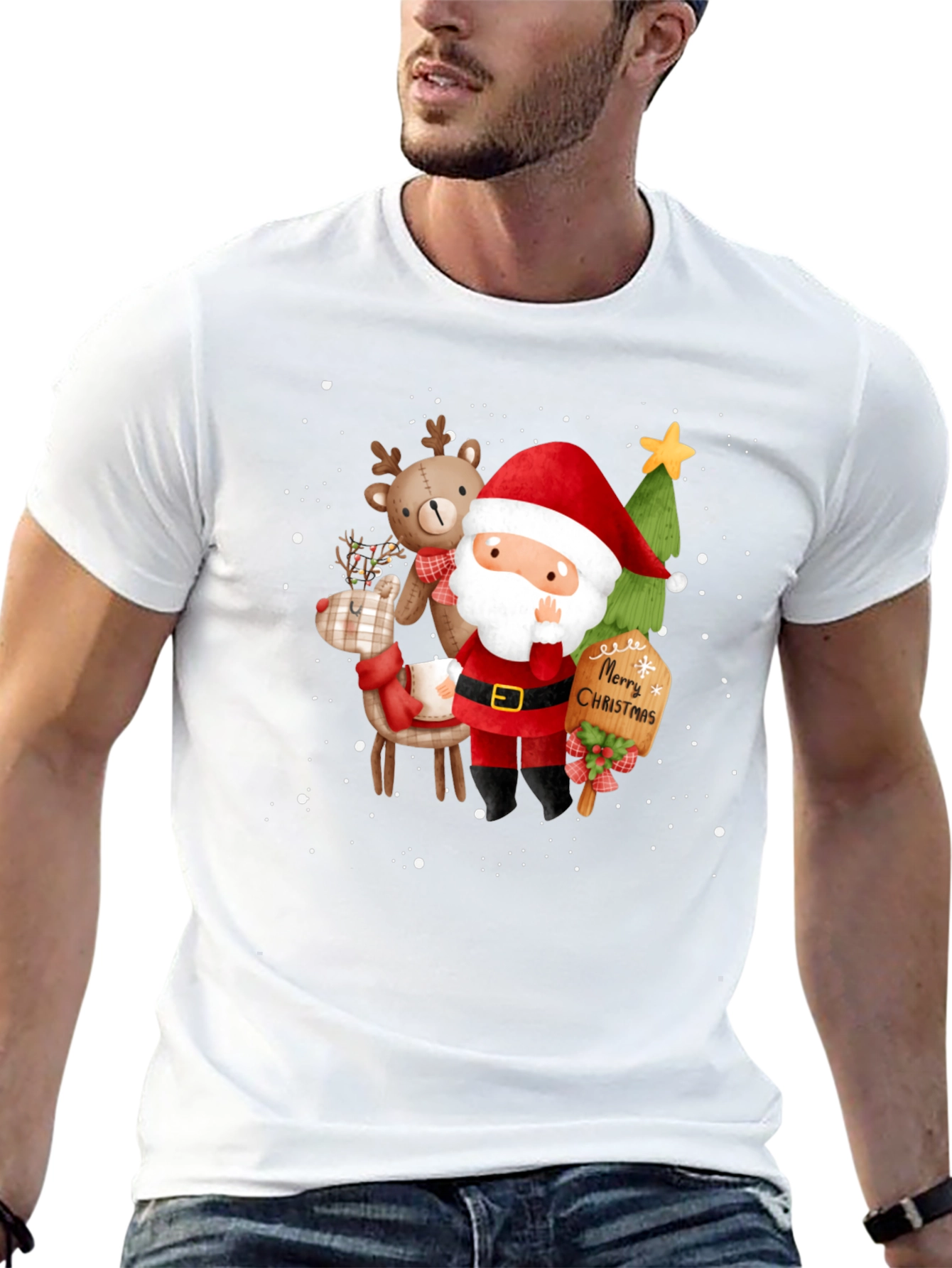 Festive Christmas Graphic Tee - Santa & Reindeer Design