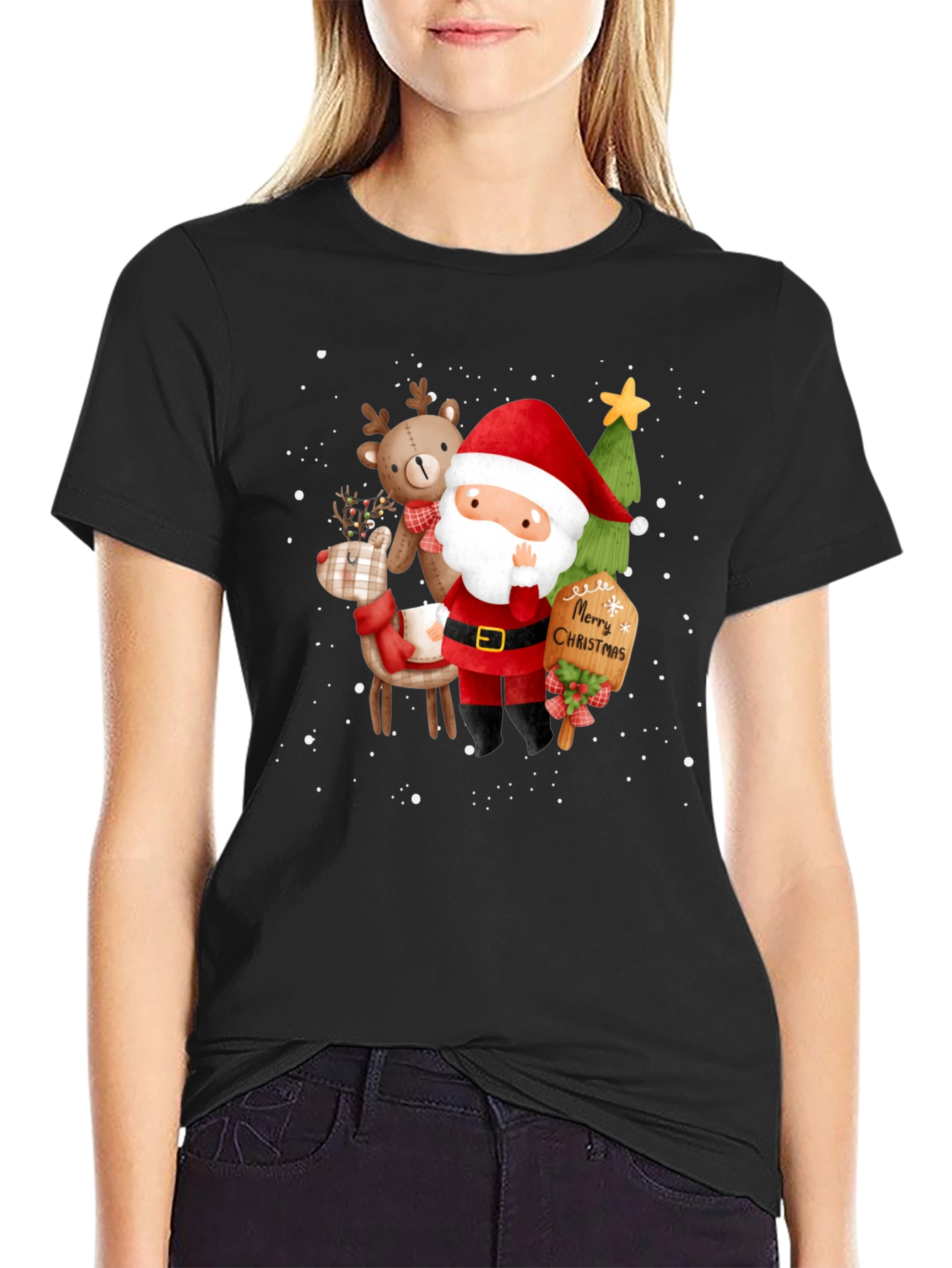 Festive Christmas Graphic Tee - Santa & Reindeer Design