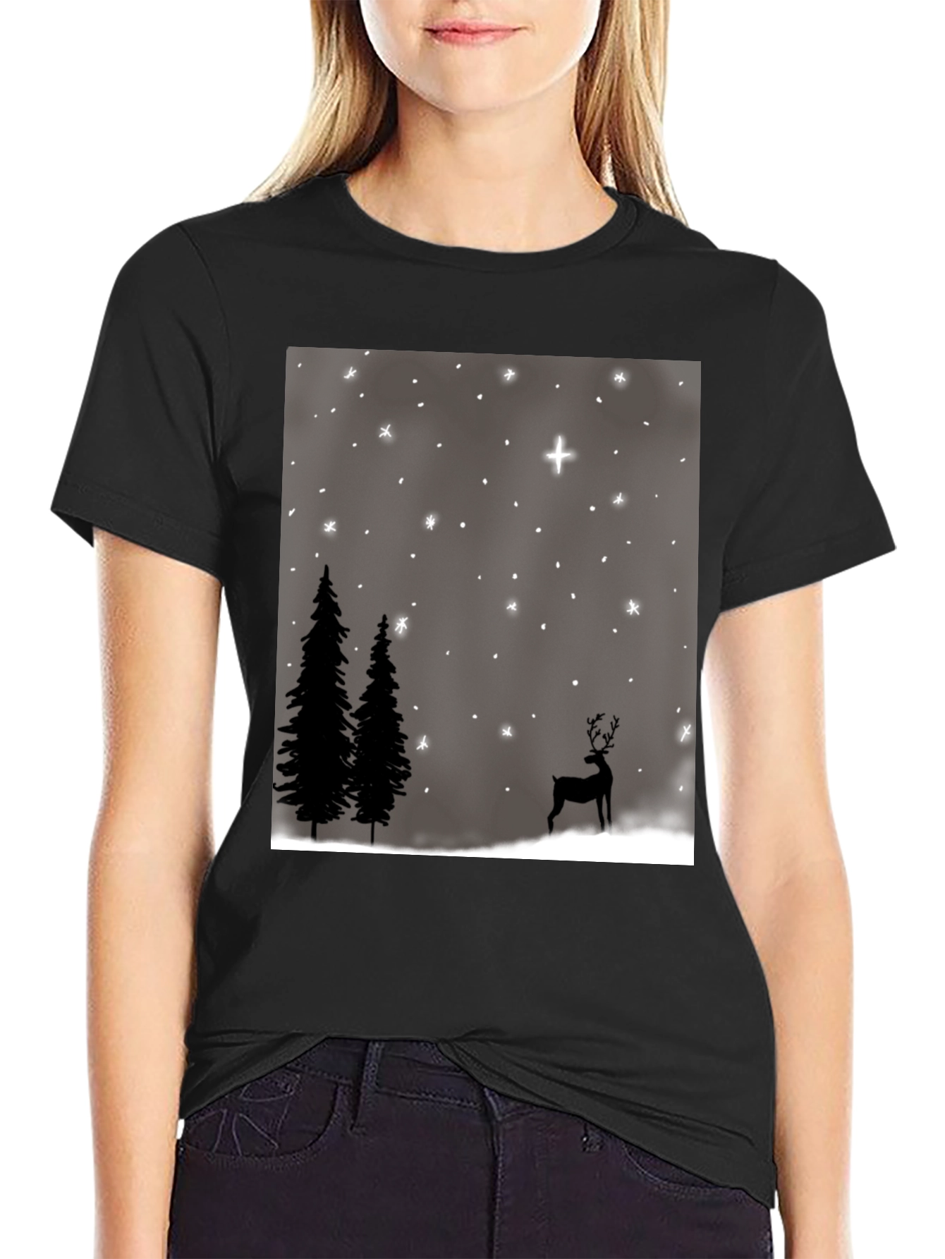 Winter Scene Graphic Tee - Holiday Deer and Stars