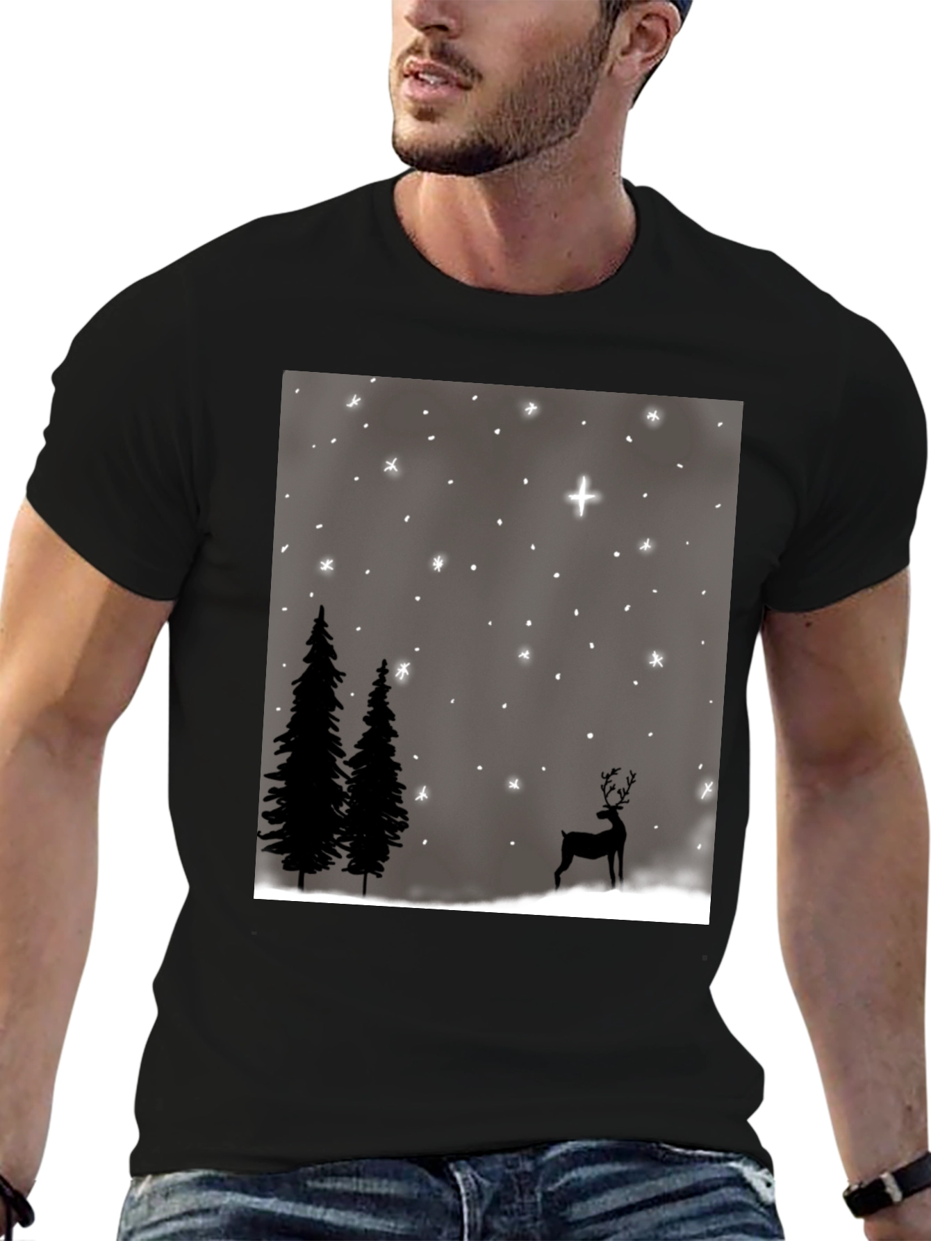 Winter Scene Graphic Tee - Holiday Deer and Stars