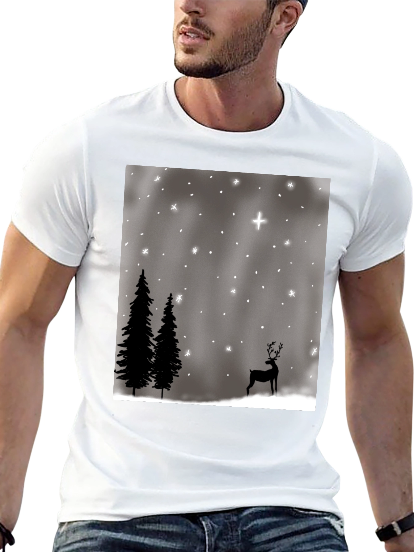 Winter Scene Graphic Tee - Holiday Deer and Stars