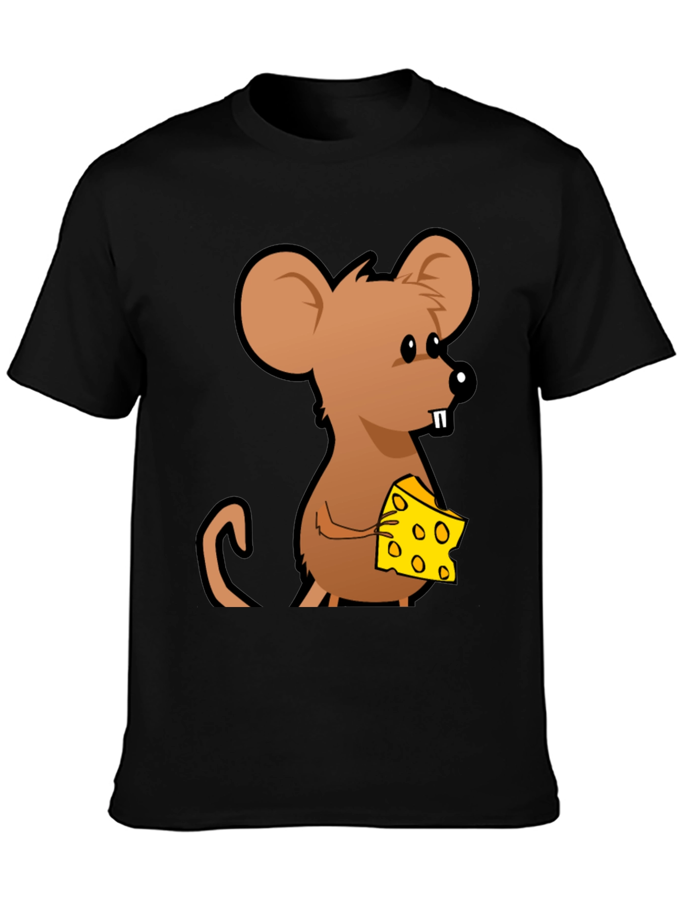 Cartoon Mouse with Cheese Graphic T-Shirt - Black