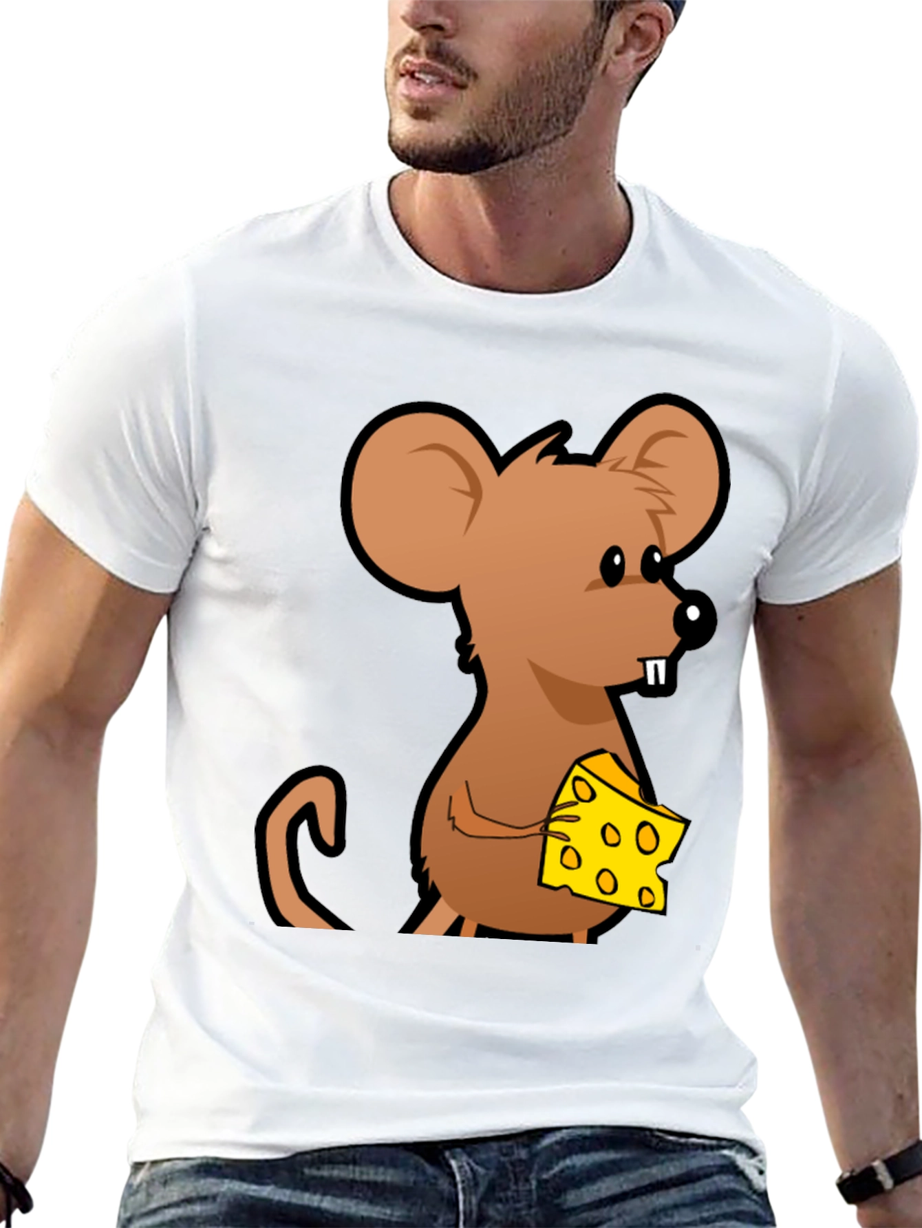 Cartoon Mouse with Cheese Graphic T-Shirt - Black