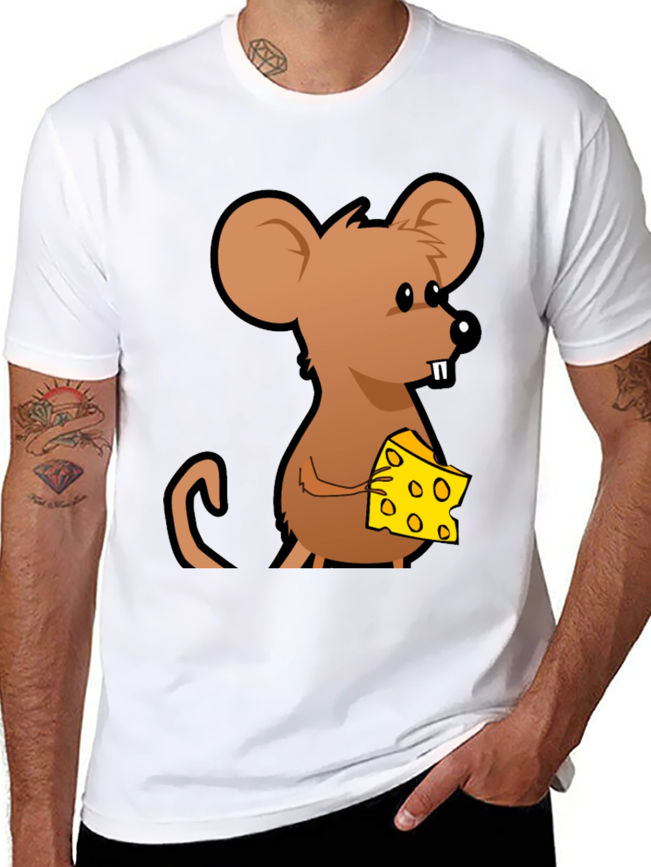 Cartoon Mouse with Cheese Graphic T-Shirt - Black
