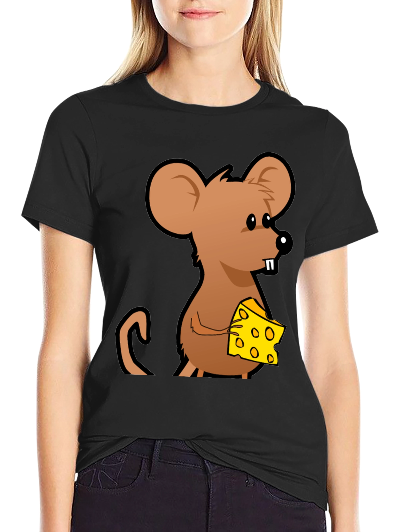 Cartoon Mouse with Cheese Graphic T-Shirt - Black