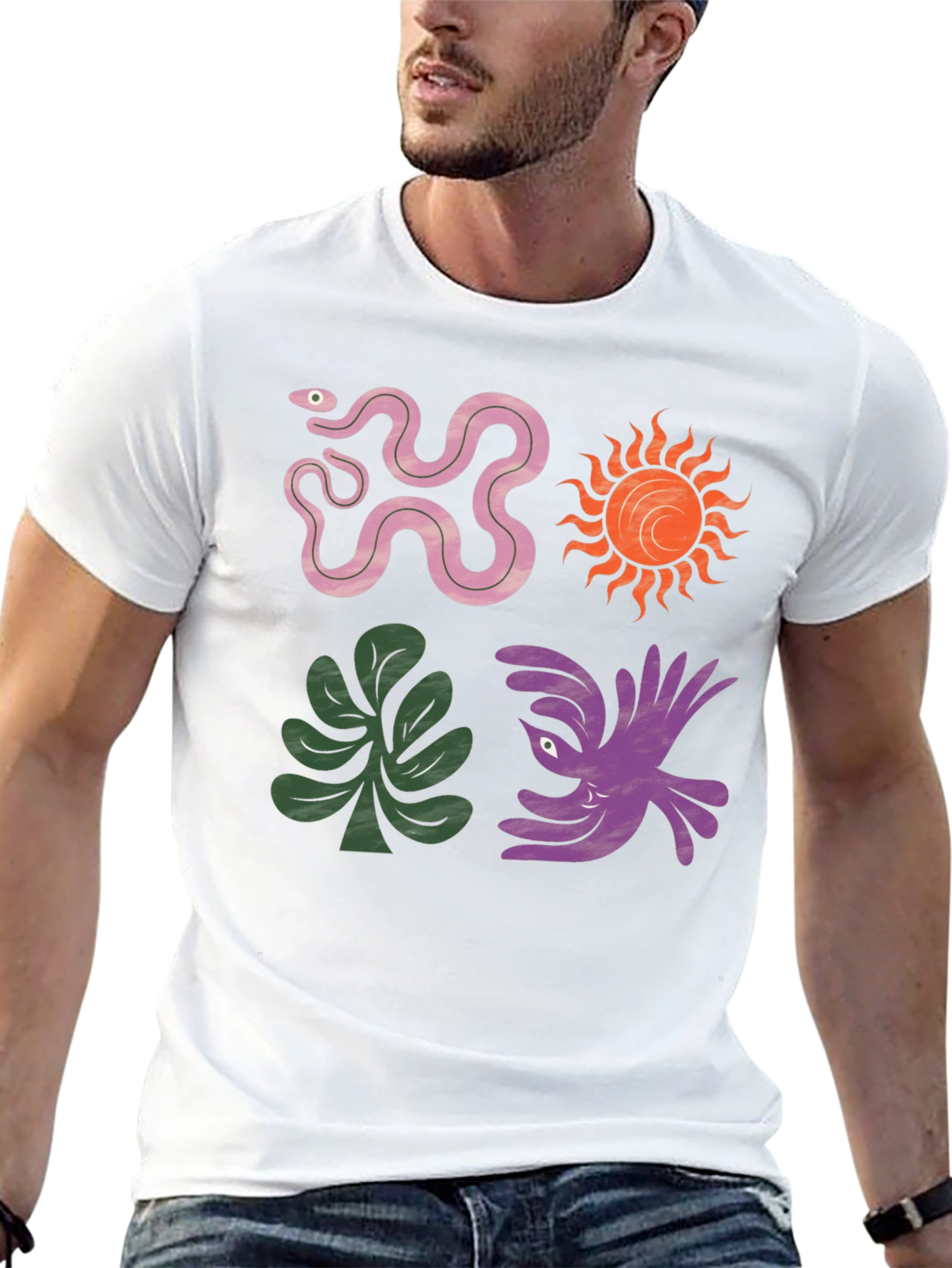 Trendy Graphic Tee - Snake Sun Plant Bird Design