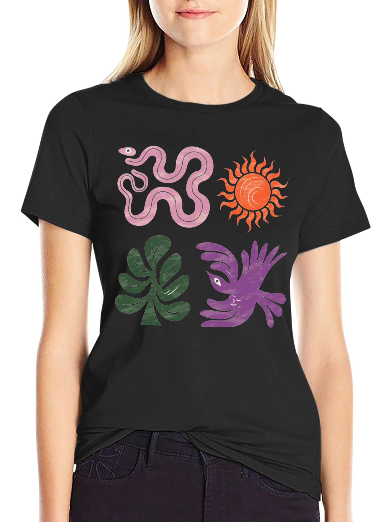 Trendy Graphic Tee - Snake Sun Plant Bird Design