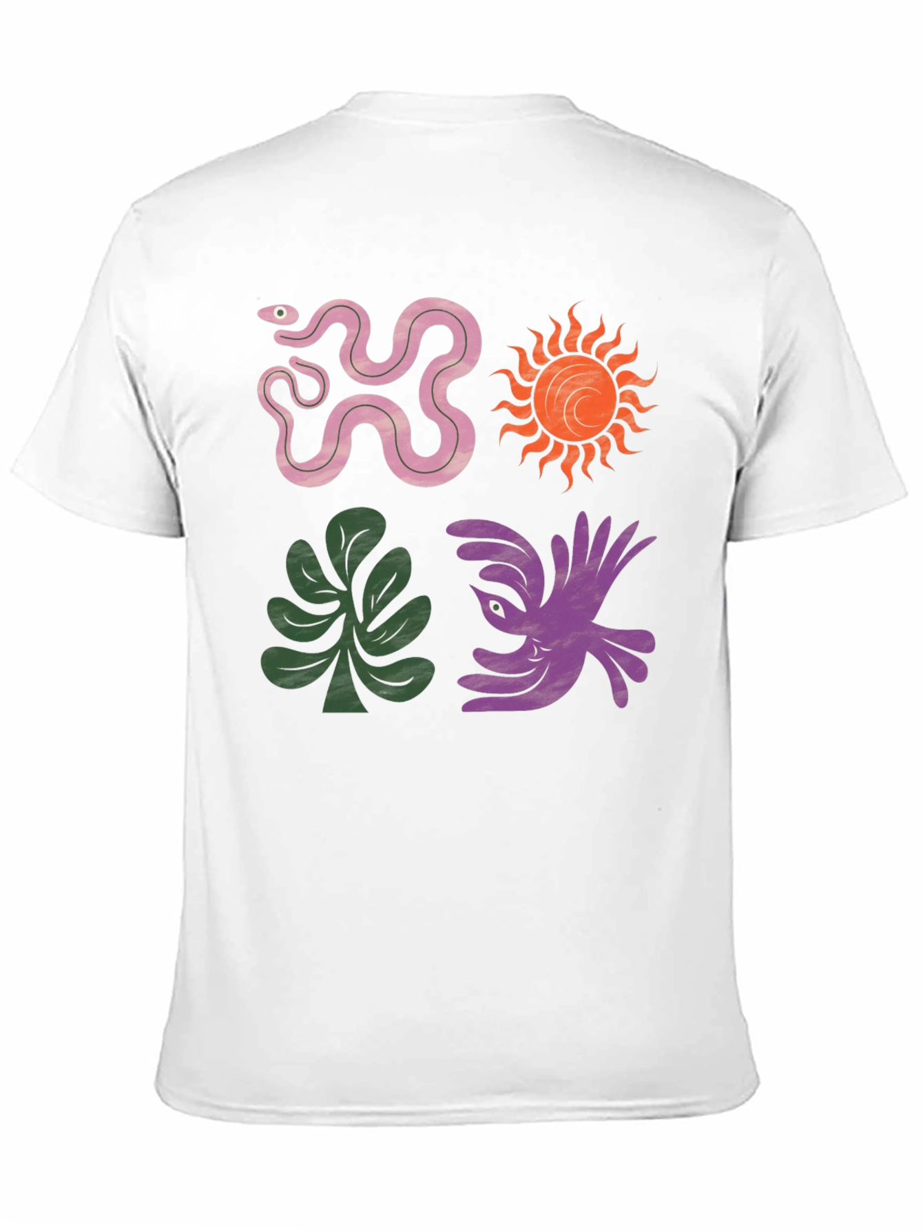 Trendy Graphic Tee - Snake Sun Plant Bird Design