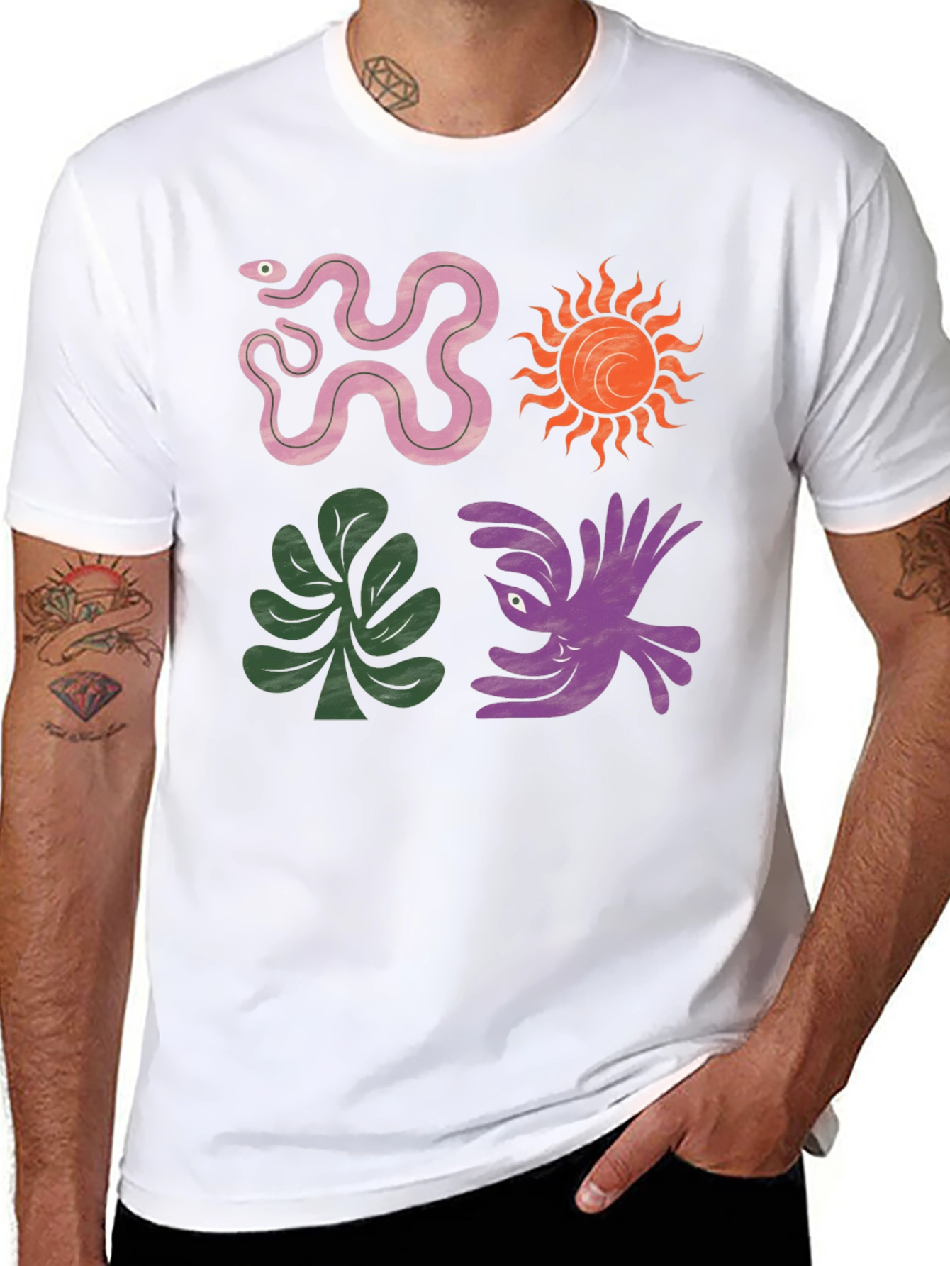 Trendy Graphic Tee - Snake Sun Plant Bird Design