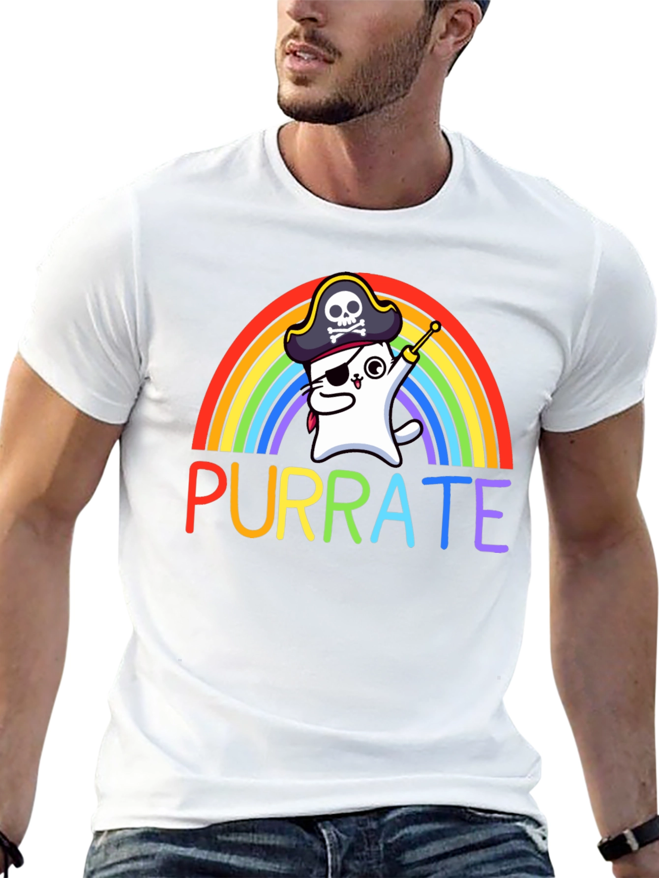 Purrate T-Shirt: Rainbow Cat Pirate Tee